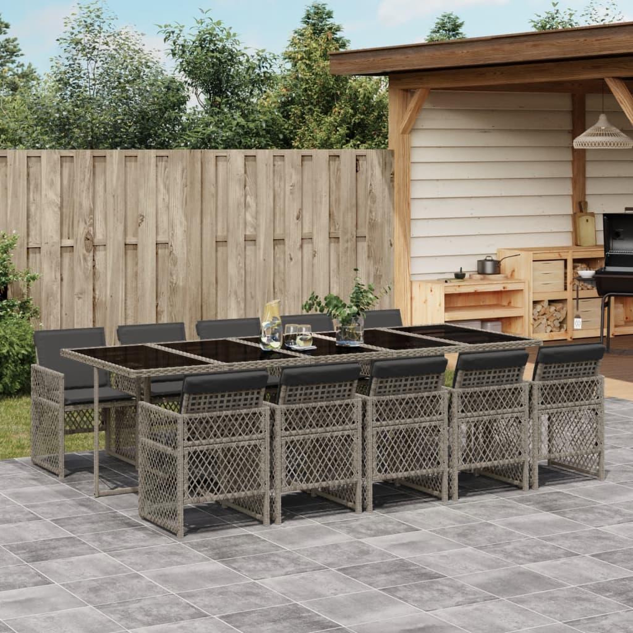 VIDAXL Ensemble a manger de jardin 11pcs avec coussins gris poly rotin