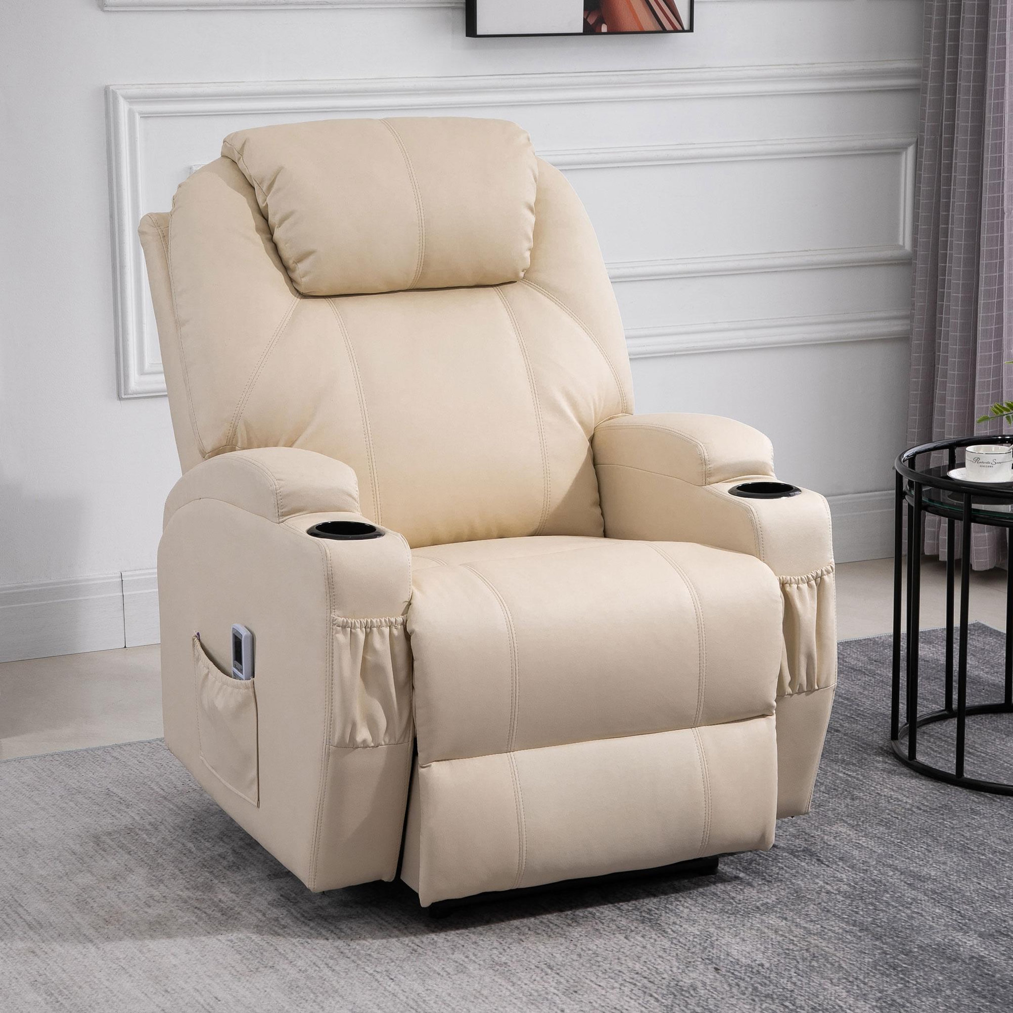 Voir la diapositive 2 : HOMCOM Fauteuil luxe de relaxation et massage inclinaison dossier repose-pied électrique revêtement synthétique crème