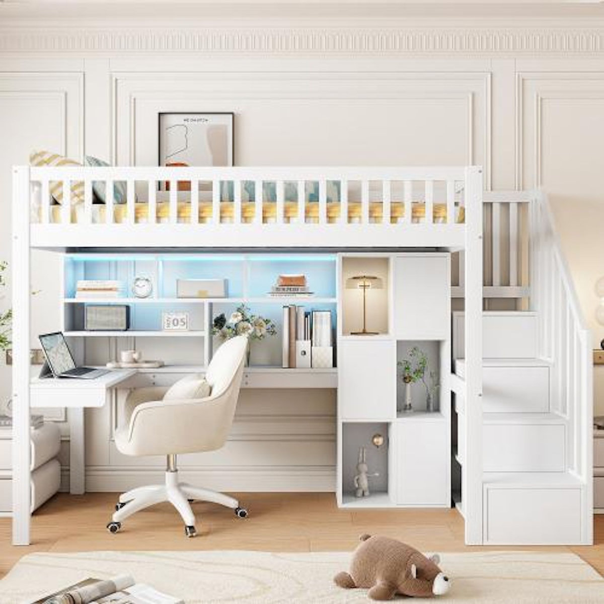 MERAX Lit combiné enfant 90x200 cm coloris blanc led pin