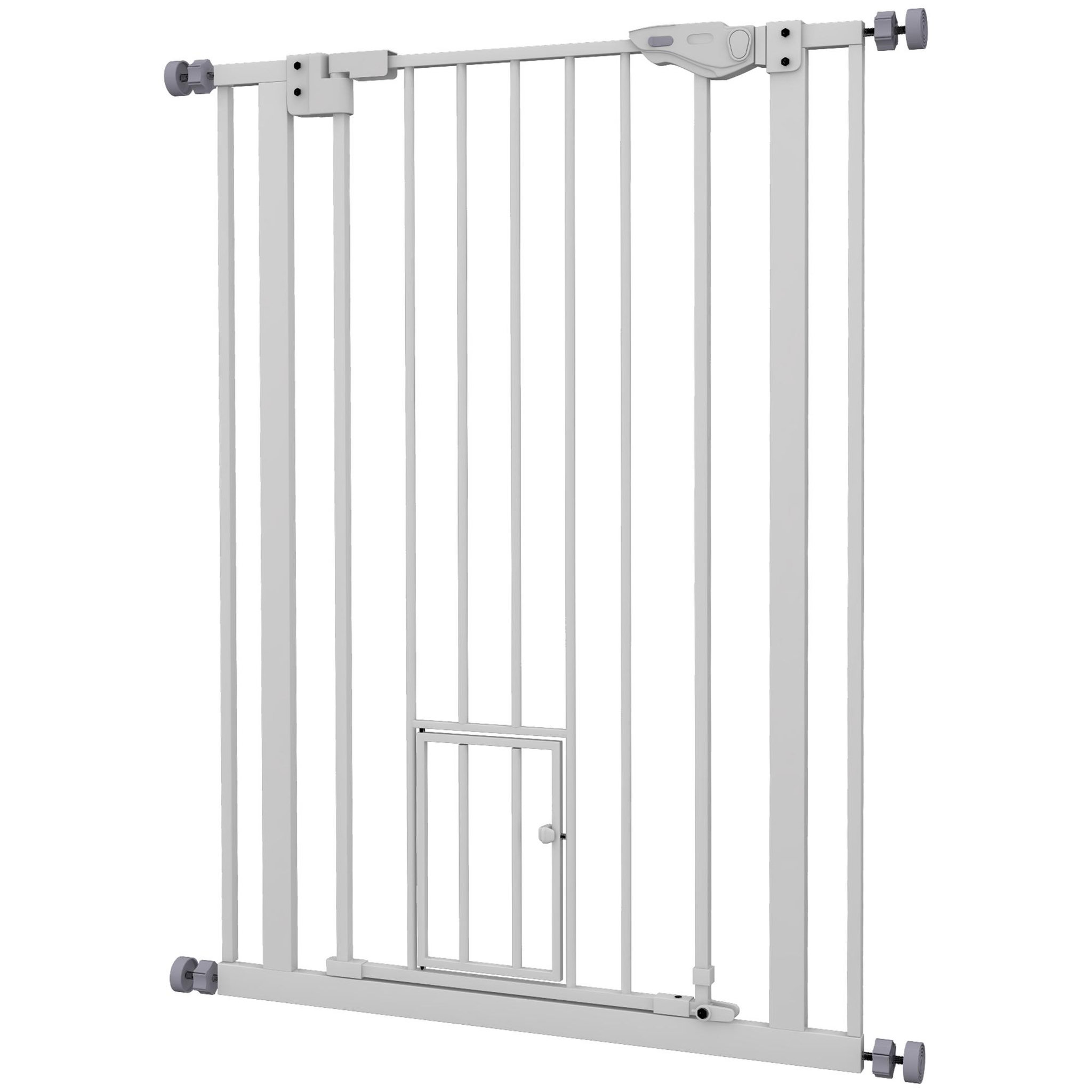 PAWHUT Barrière de sécurité animaux - longueur réglable dim. 74-80 cm - porte double verrouillage, ouverture double sens, petite porte -sans perçage - acier plastique blanc