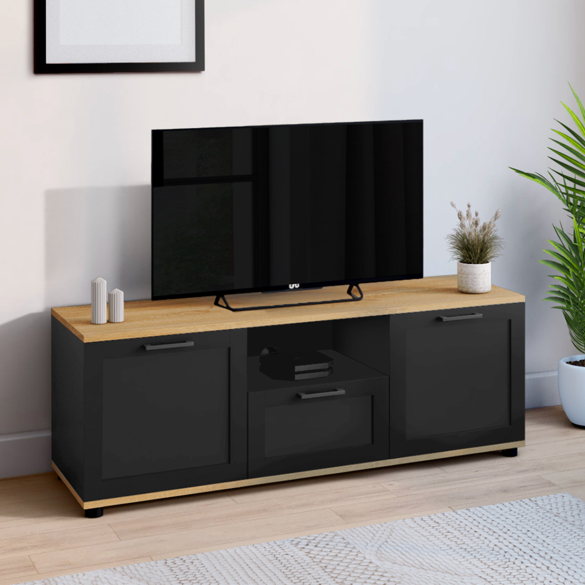 Voir la diapositive 2 : ID MARKET Meuble tv 110 cm vito avec tiroir et niche noir et bois