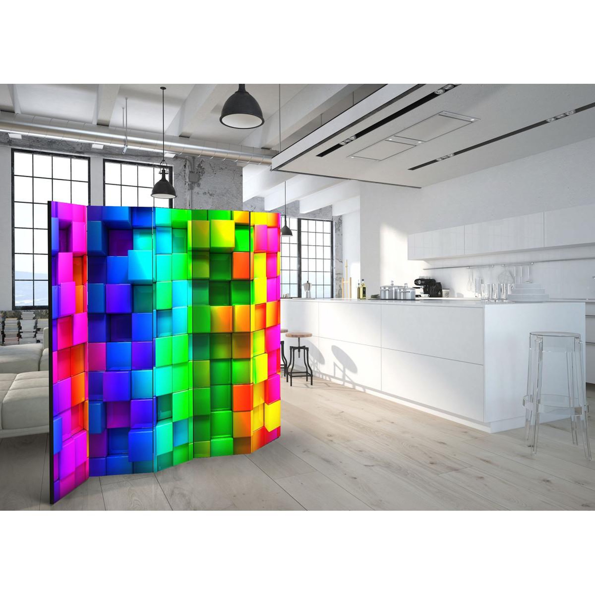Voir la diapositive 2 : Paris Prix Paravent 5 volets  colourful cubes  172x225cm
