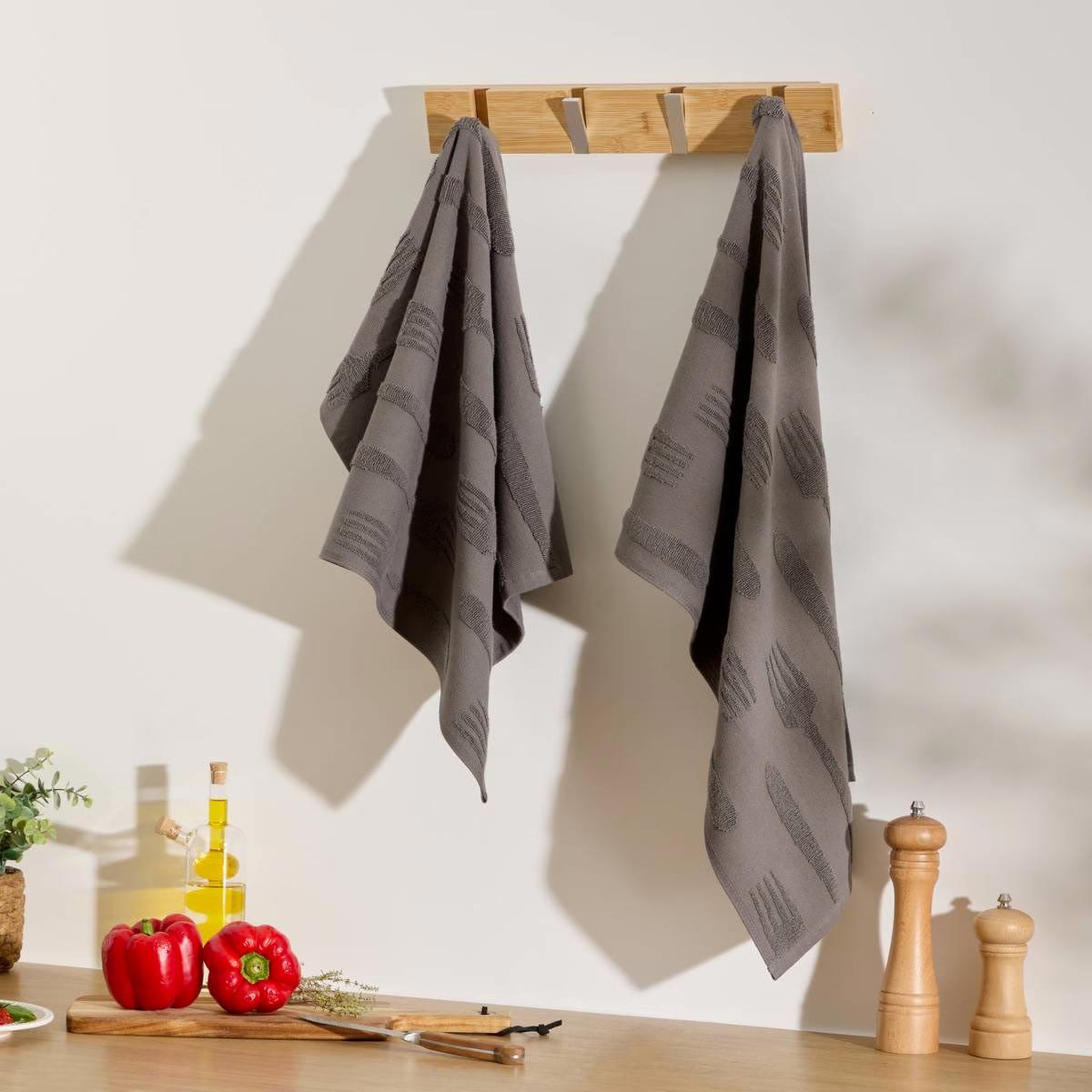 Voir la diapositive 3 : ATMOSPHERA Lot de 2 torchons de cuisine  terry  45x70cm gris