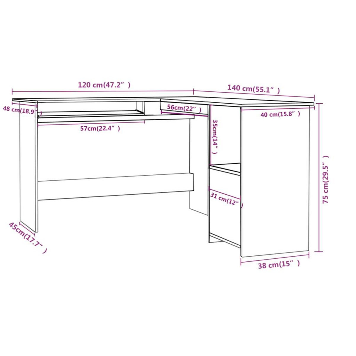 VIDAXL Bureau d'angle en forme de L Noir 120x140x75cm bois ingenierie