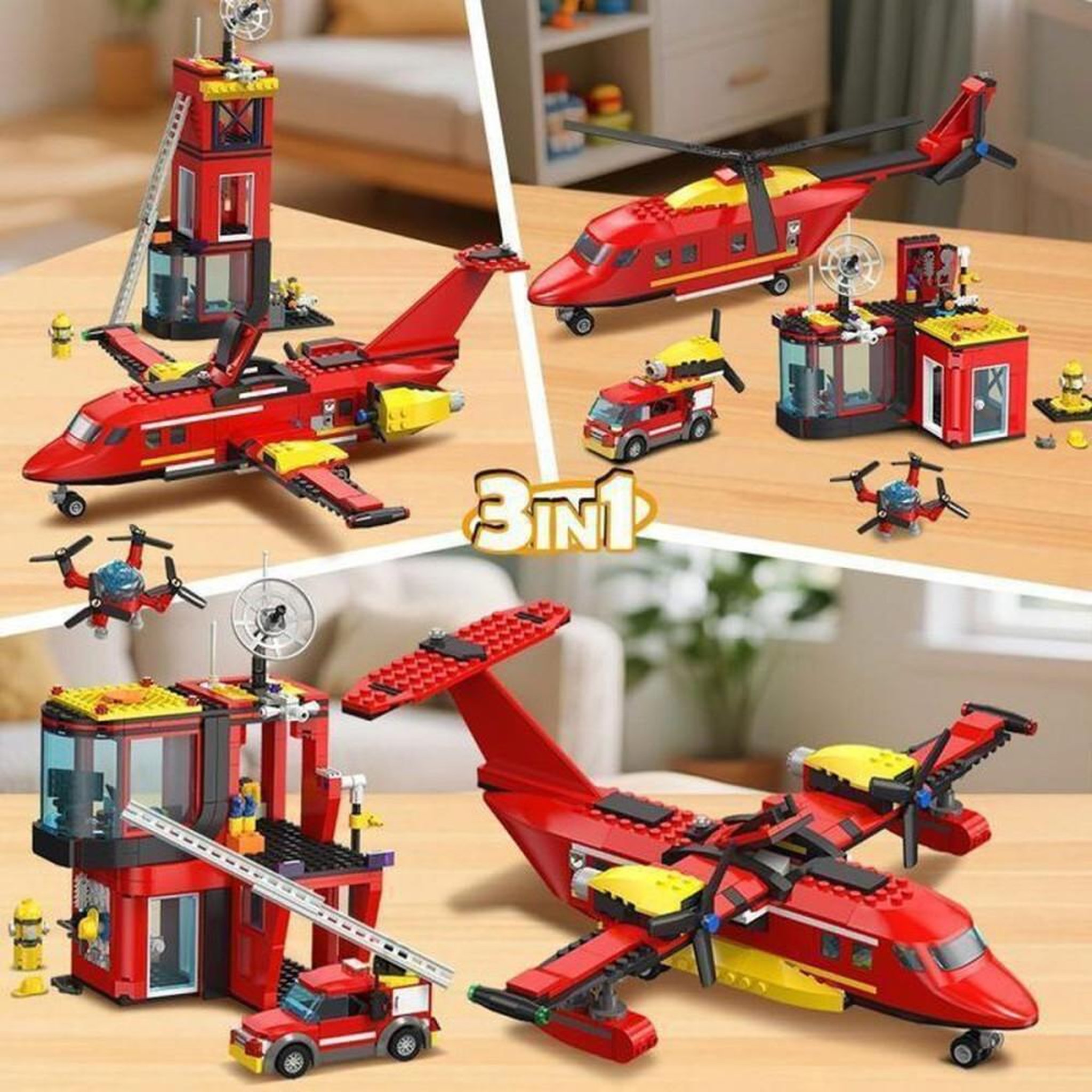 Voir la diapositive 2 : Set de construction 3 en 1, véhicules de secours aérien et camion de pompiers à échelle