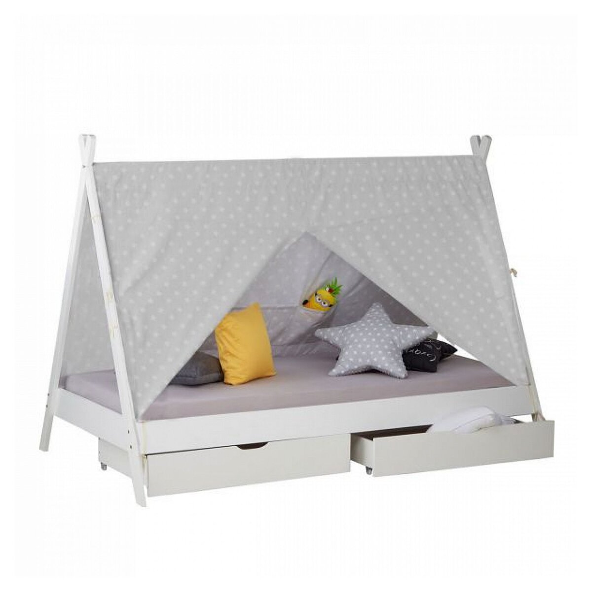 HomeStyle4U Lit d'enfant avec matelas Lit cabane Lit 90x200 cm Lit de tente en bois blanc avec tiroirs