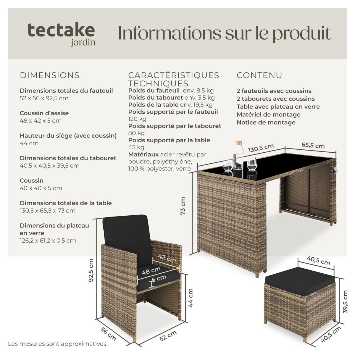 tectake Salon de jardin en résine tressée pour 2 à 4 personnes marron naturel