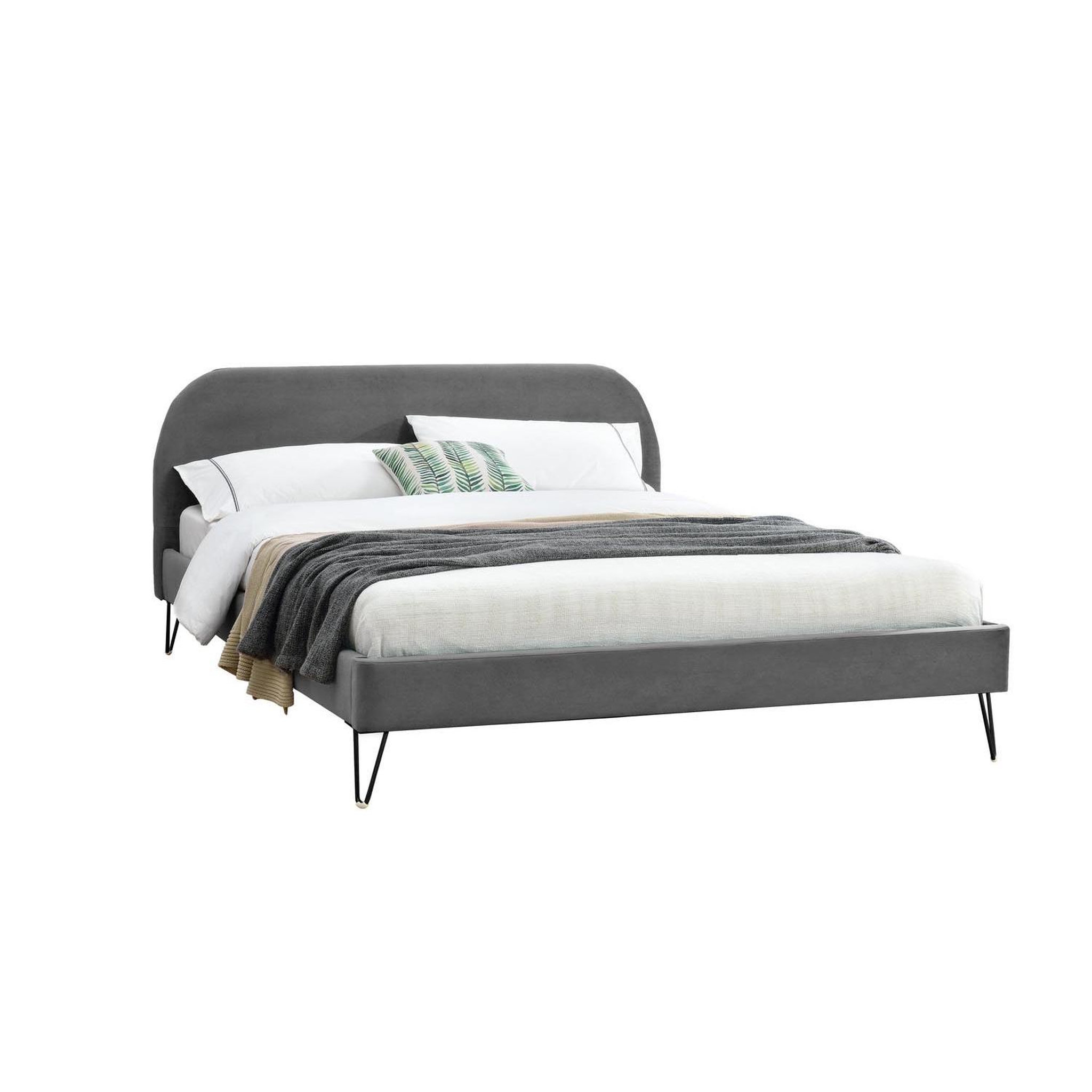 CONCEPT USINE Lit 140 x 190 cm en velours gris et pieds noirs phoenix
