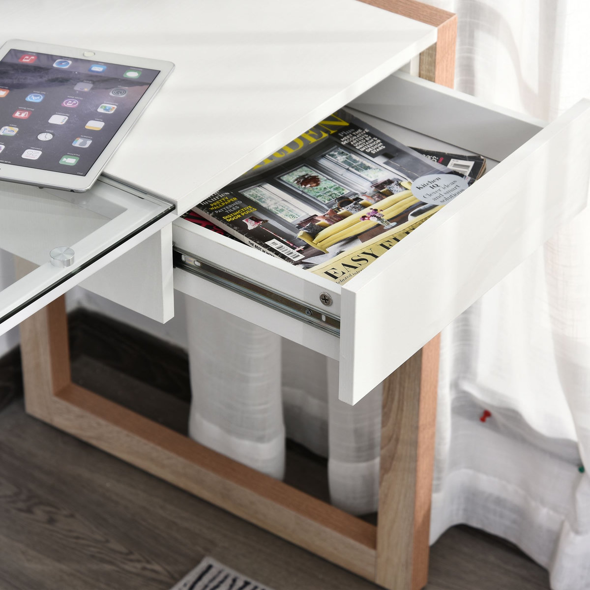 HOMCOM Bureau Informatique Table de Travail Ordinateur avec Grand Plateau en Verre Trempé et Tiroir Intégré Idéal pour Bureau Chambre 120 x 60 x 75 cm Blanc et Bois