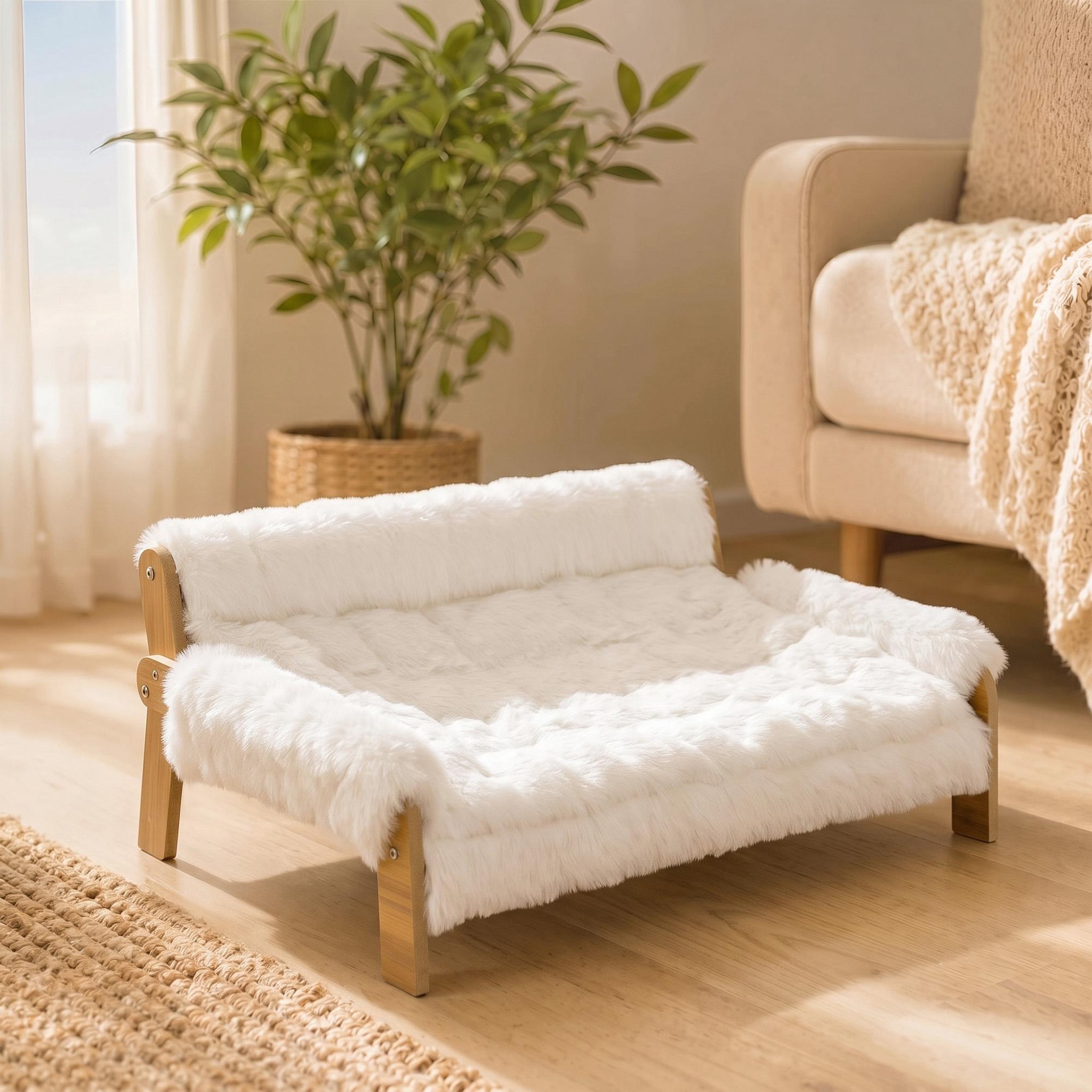 Voir la diapositive 2 : PAWHUT Canapé chien style nordique bois fourrure 70L x 47l x 30H cm