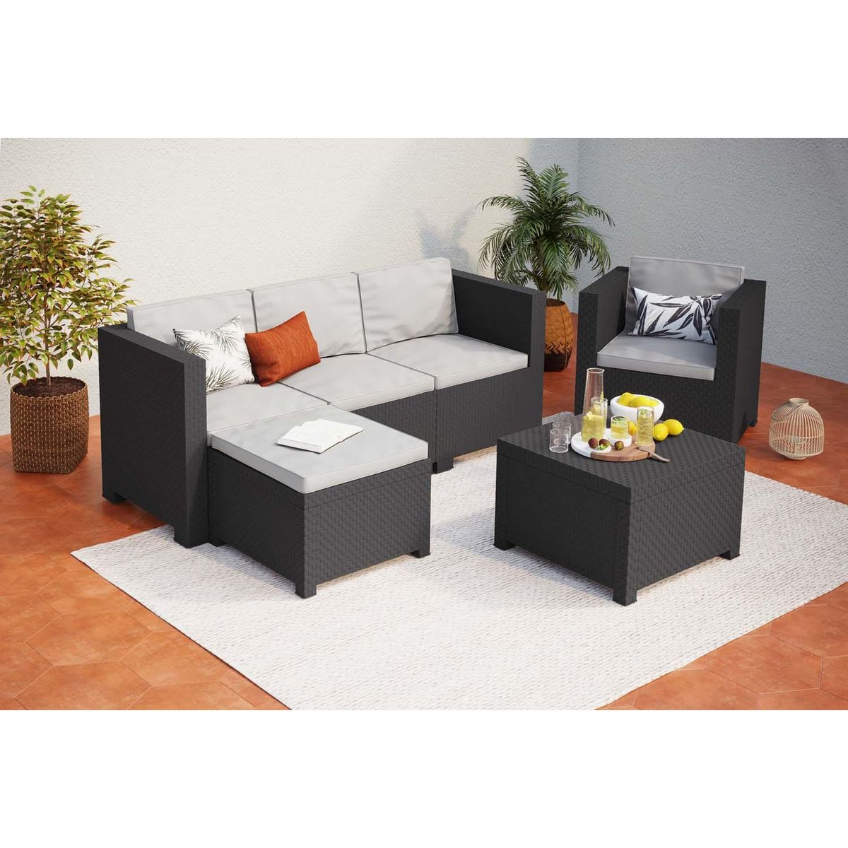 CONCEPT USINE Salon de jardin en résine tressée 5 places gris-noir RIO