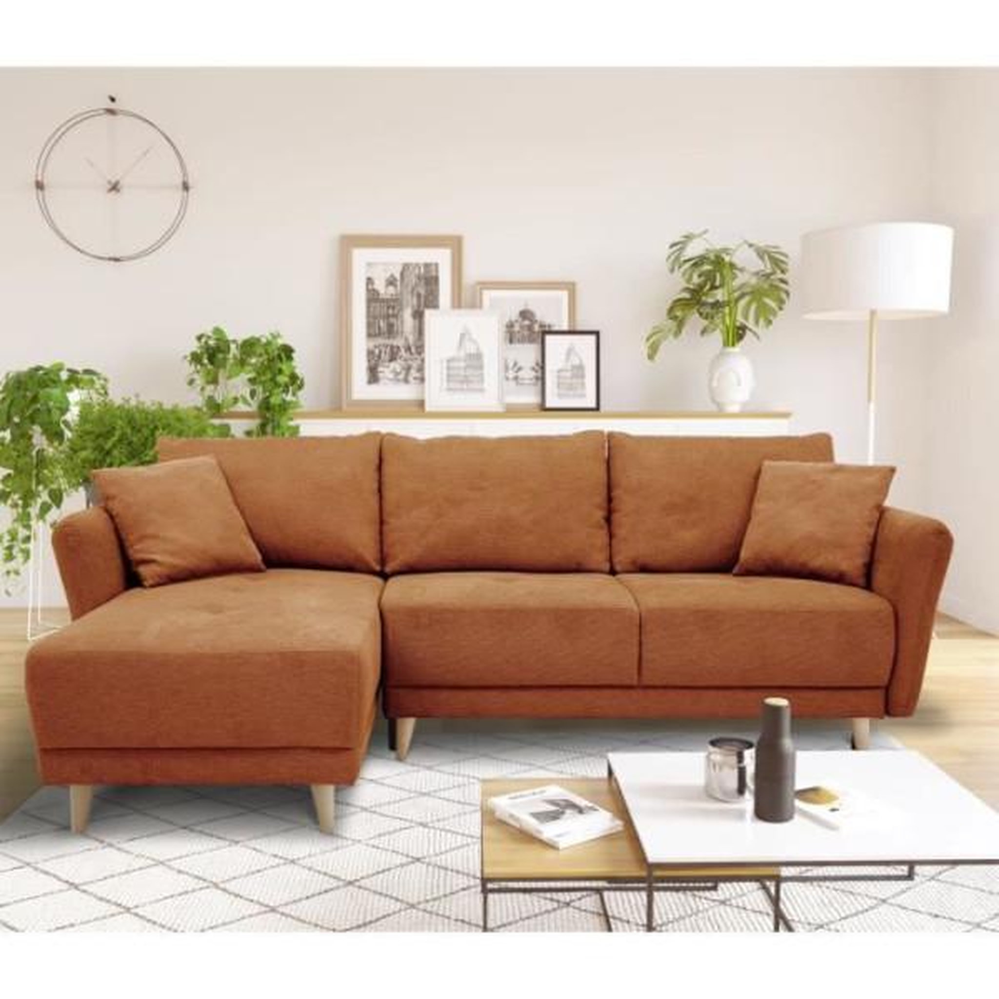 Voir la diapositive 2 : MARKET24 Canapé d'angle convertible réversible 3-4 places CLAUDIUS - Tissu Terracotta - Coffre de rangement - L 244 x P 158 x H 95 cm
