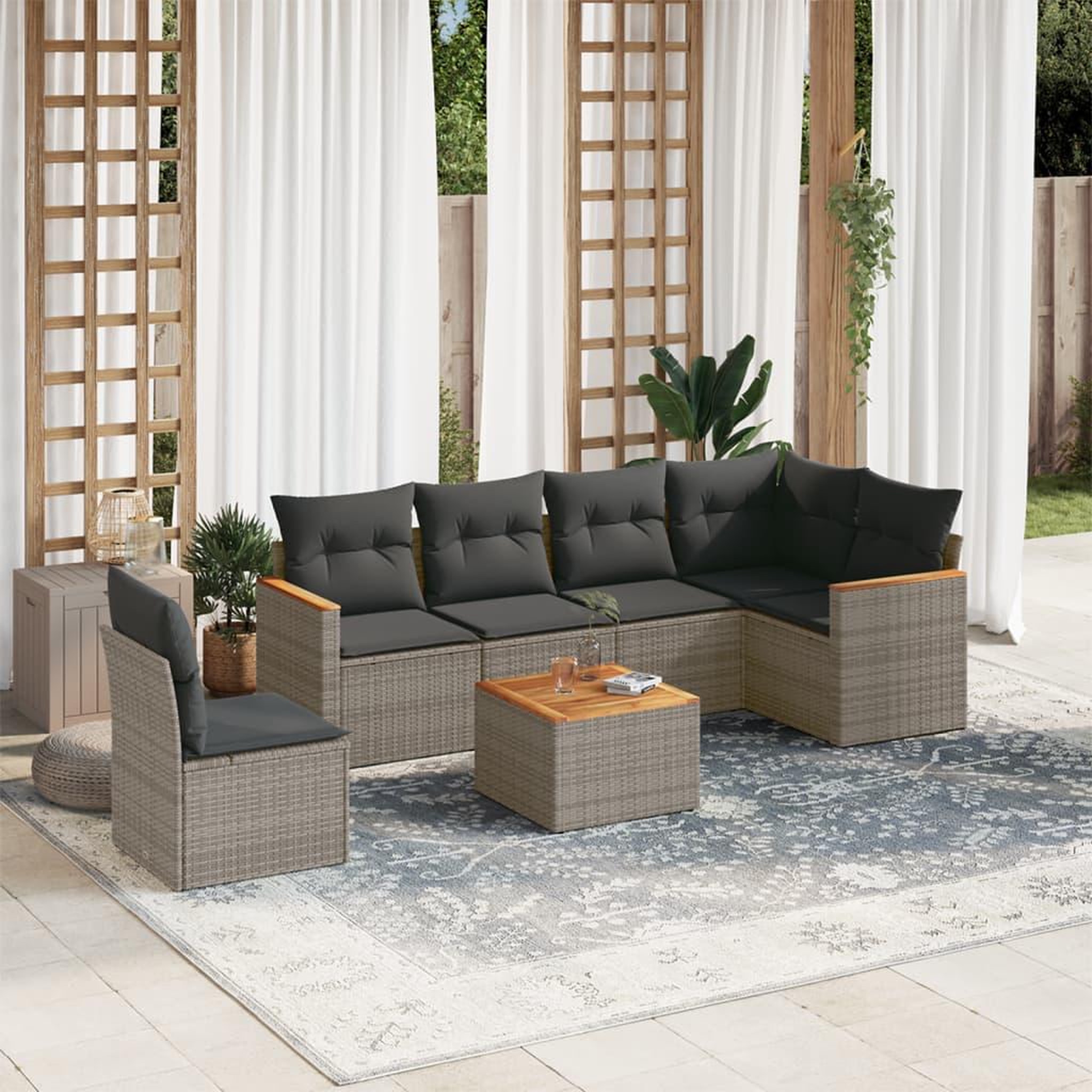 VIDAXL Salon de jardin avec coussins 7 pcs gris resine tressee
