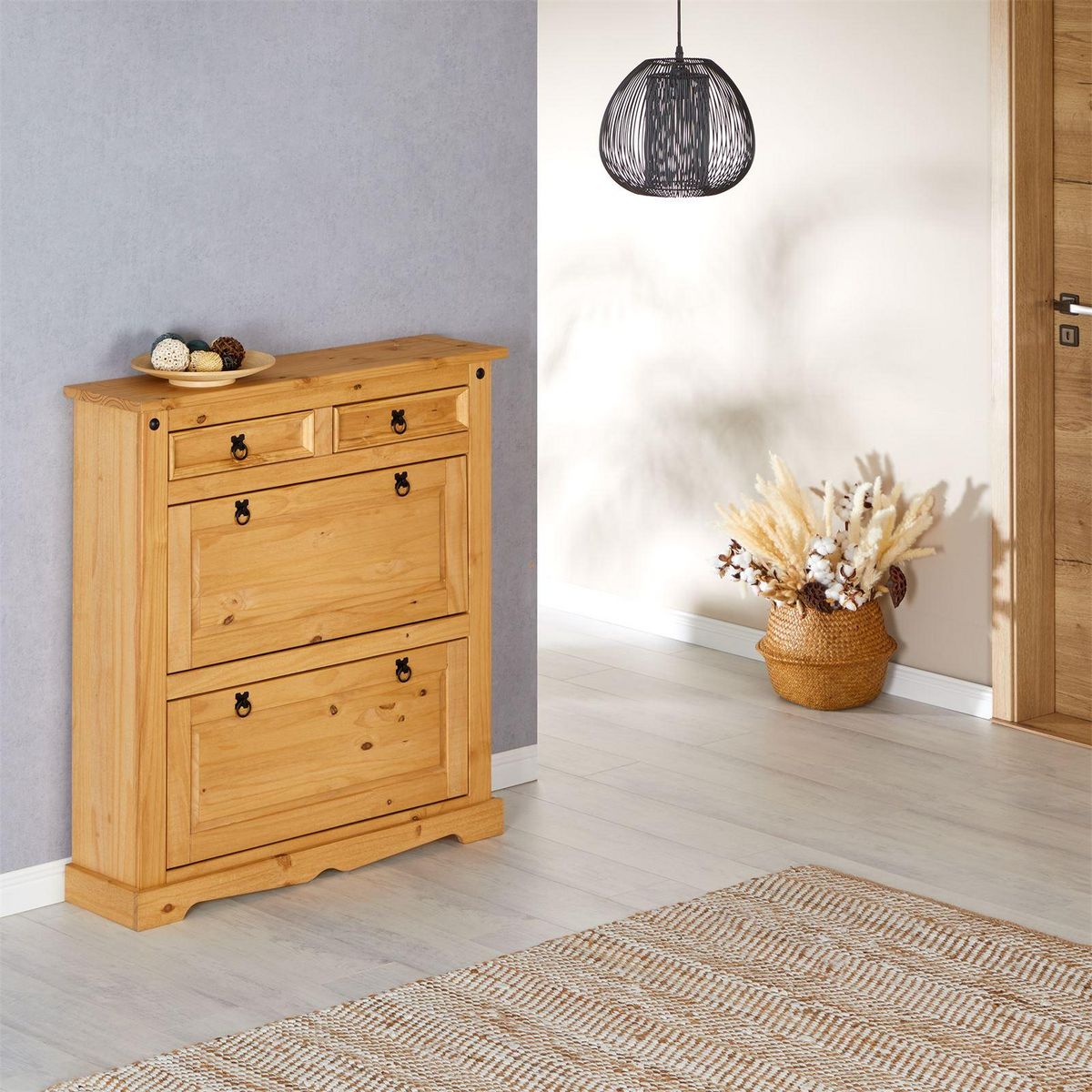 IDIMEX Meuble à chaussures en pin TEQUILA style mexicain, 2 abattants et 2 tiroirs