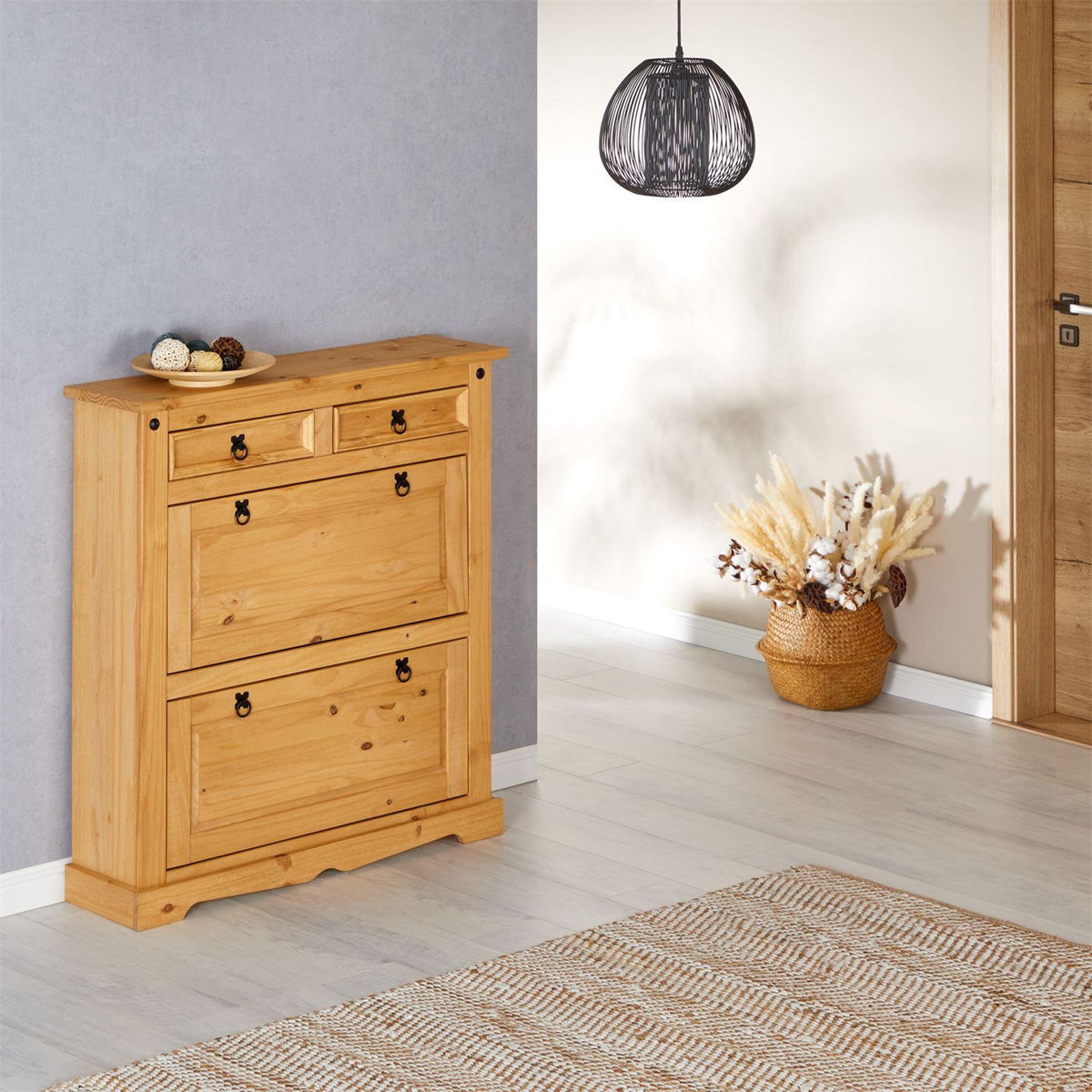 IDIMEX Meuble à chaussures en pin TEQUILA style mexicain, 2 abattants et 2 tiroirs