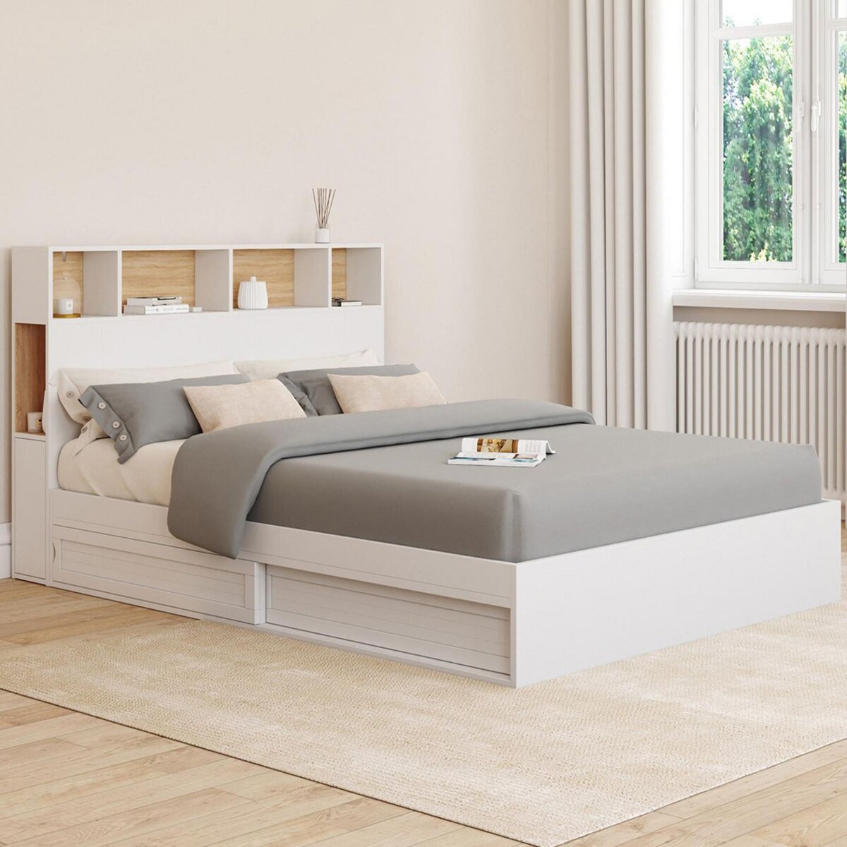 ID MARKET Lit double CLEM avec tête de lit, rangements et sommier 140 x 190 cm blanc