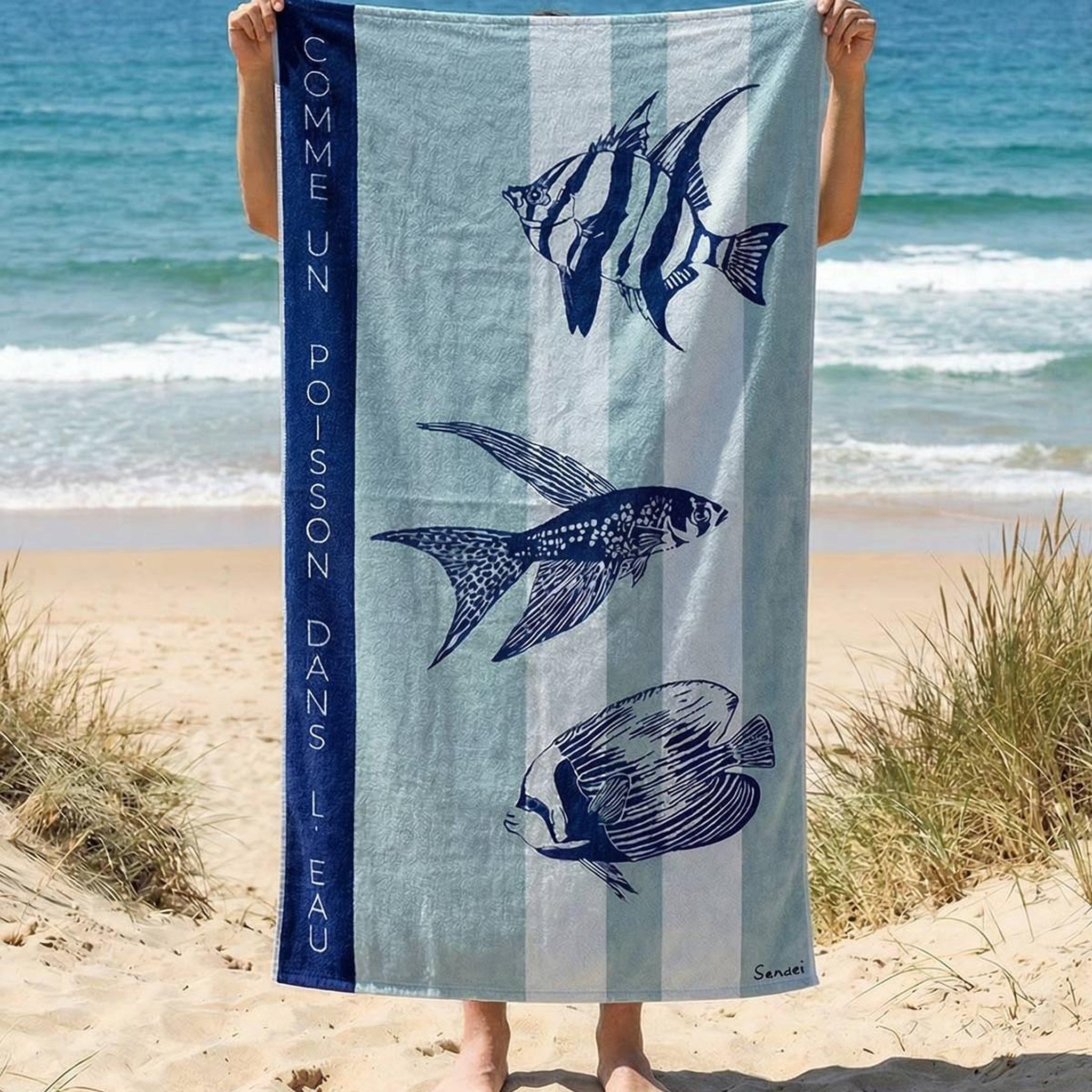 Voir la diapositive 1 : Sensei Maison Serviette de plage velours 100x180 cm COMME 1 POISSON DANS L'EAU