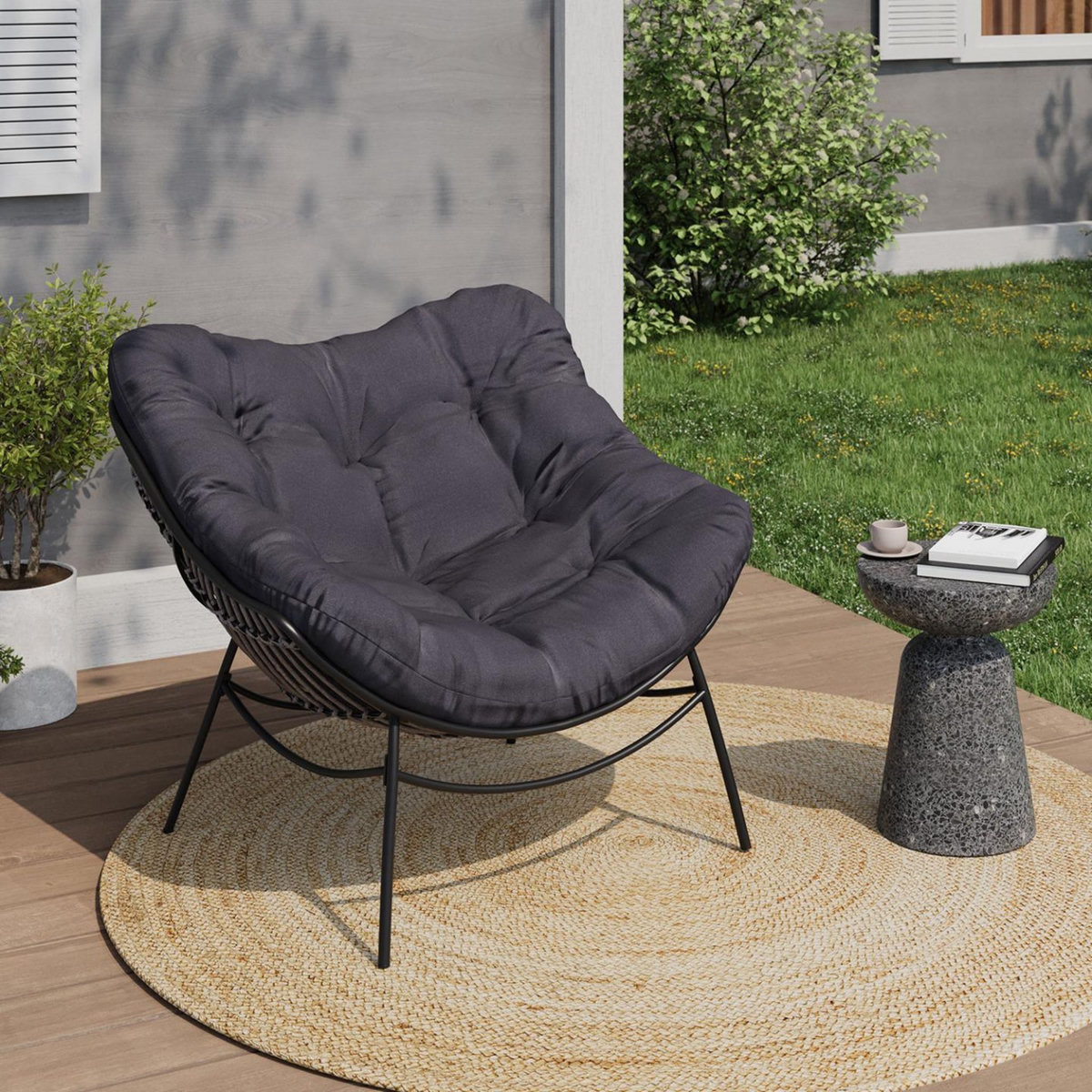 ID MARKET Fauteuil de jardin relax LOA effet rotin gris et coussin gris