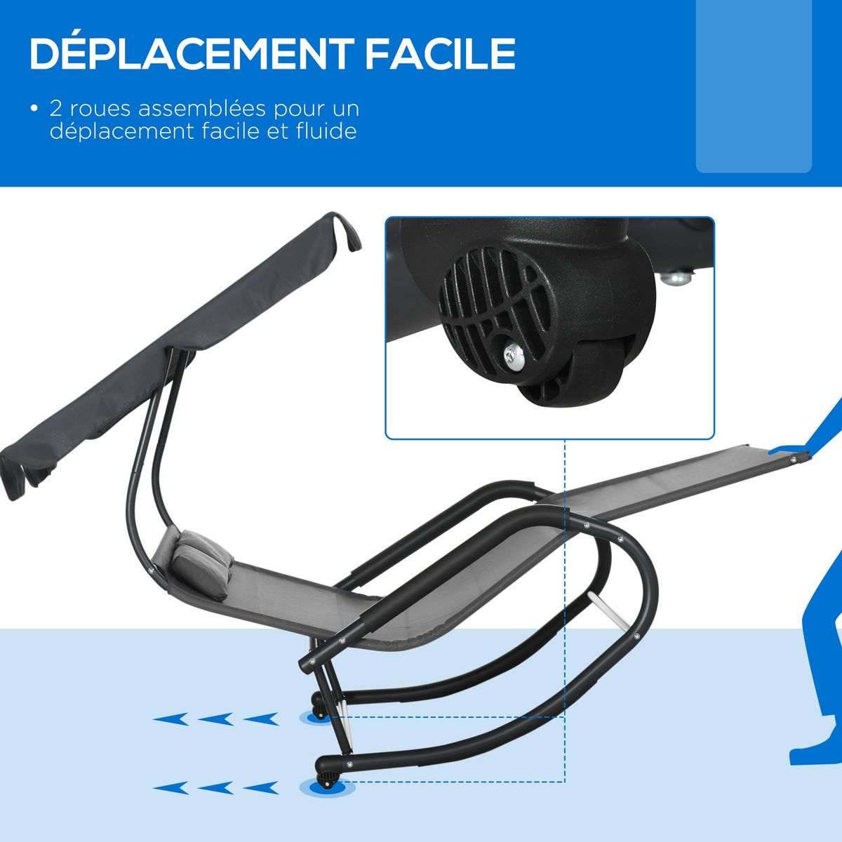 OUTSUNNY Bain de soleil 2 places à bascule design - auvent, accoudoirs, butées, roulettes - acier textilène tissu anthracite