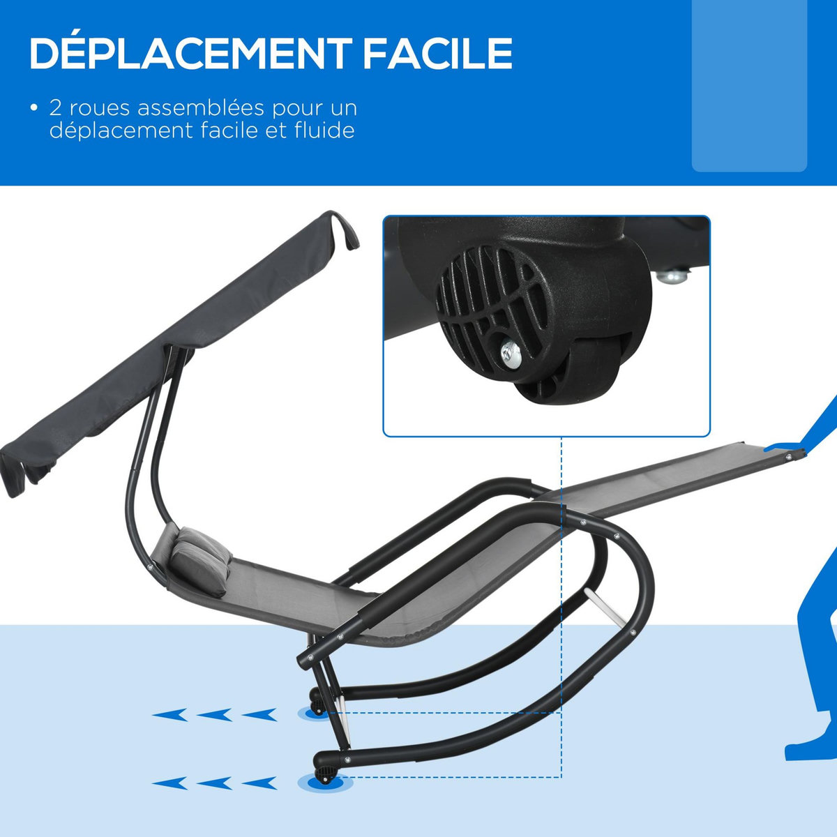 OUTSUNNY Bain de soleil 2 places à bascule design - auvent, accoudoirs, butées, roulettes - acier textilène tissu anthracite