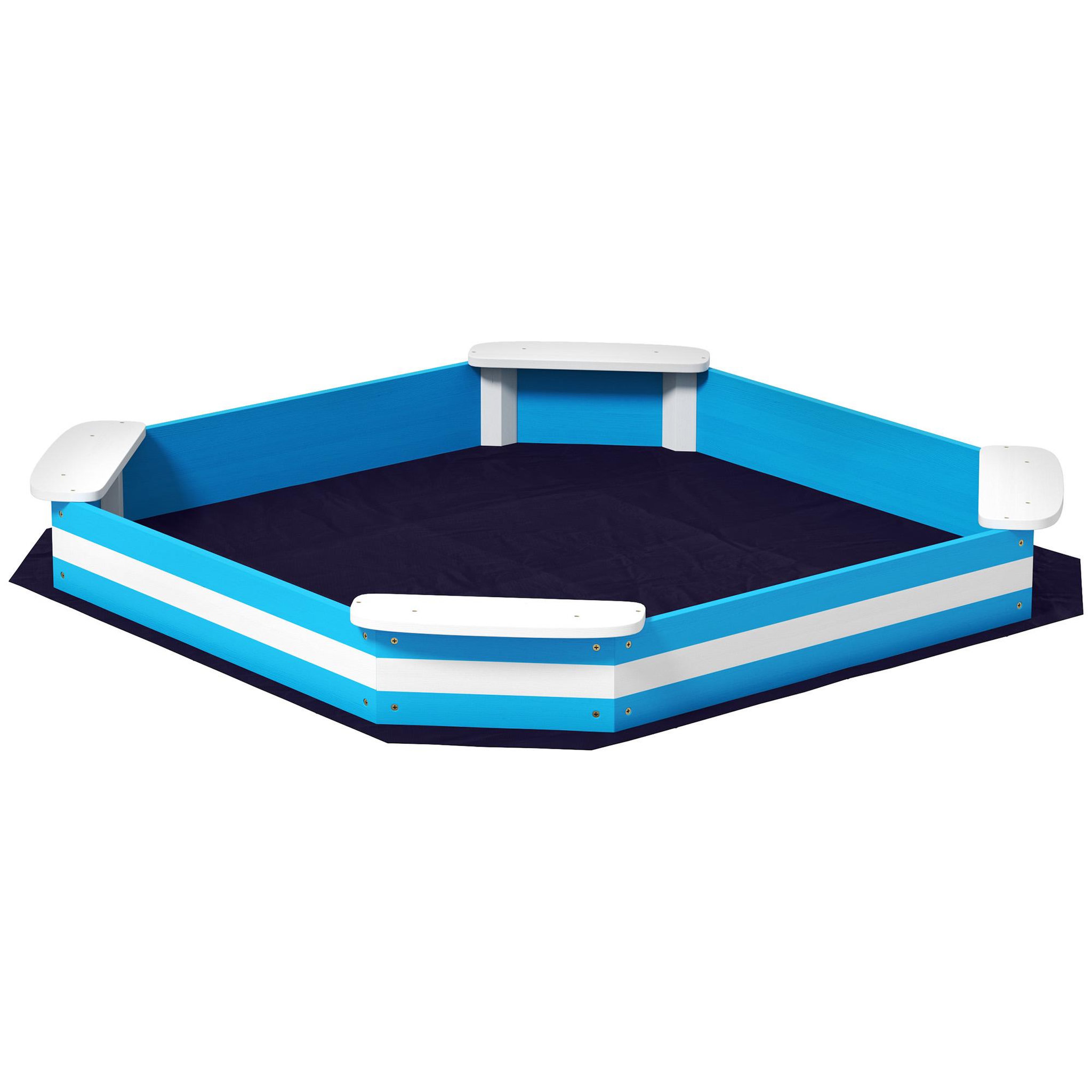 Voir la diapositive 1 : HOMCOM Bac à sable enfant 3-6 ans en bois - 4 sièges, doublure de fond - dim. 133 x 133 x 16 cm - bleu blanc