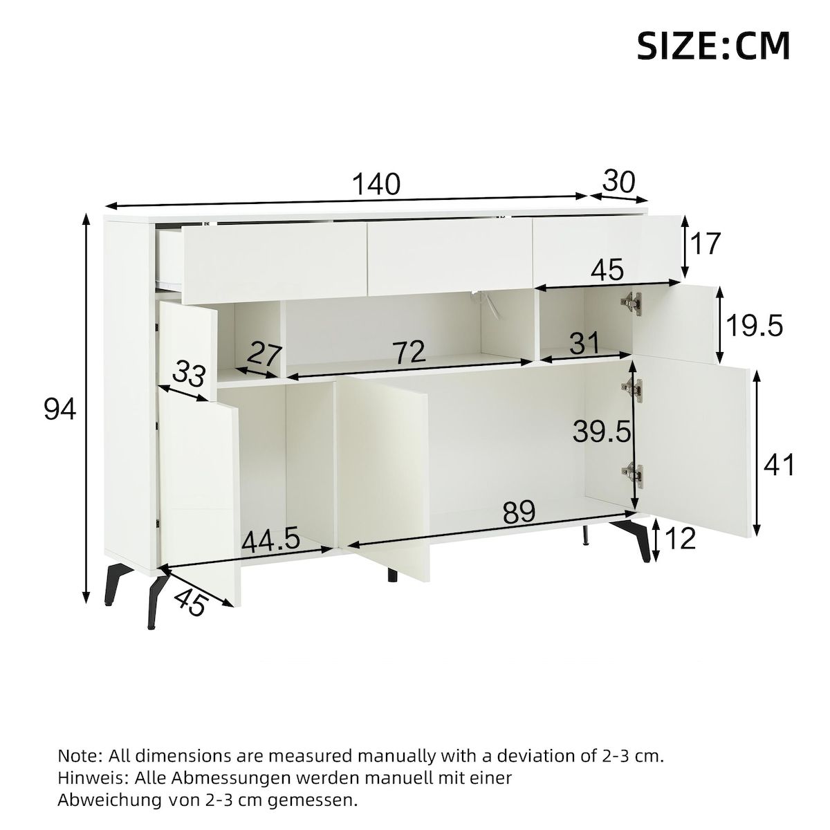 MERAX Buffet 5 porte(s) 3 tiroir(s) - 140 cm blanc led mdf
