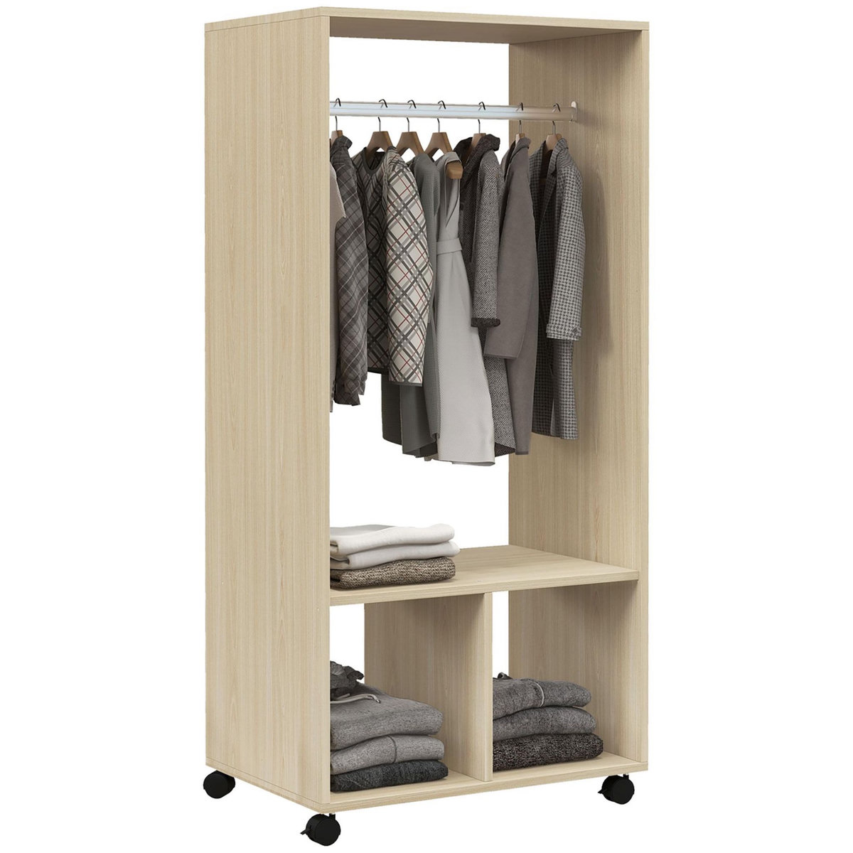 HOMCOM Armoire penderie étagère 2 niches penderie 4 roulettes pivotantes dim. 60L x 40l x 128H cm coloris chêne clair