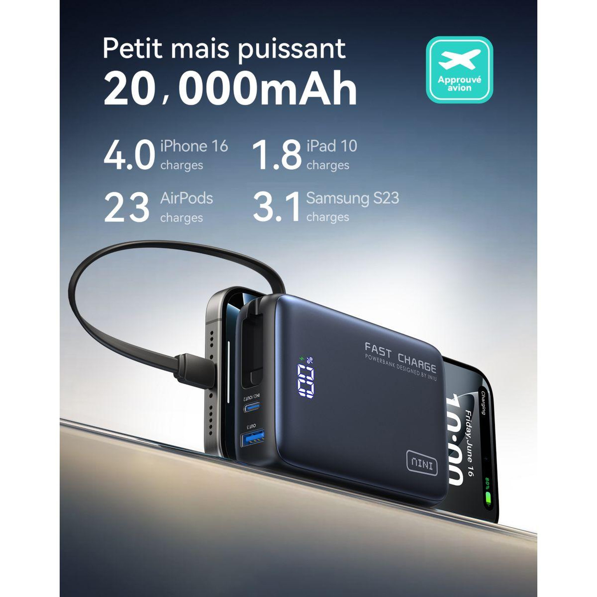Voir la diapositive 4 : INIU Batterie externe 20 000 mAh Pocket Power