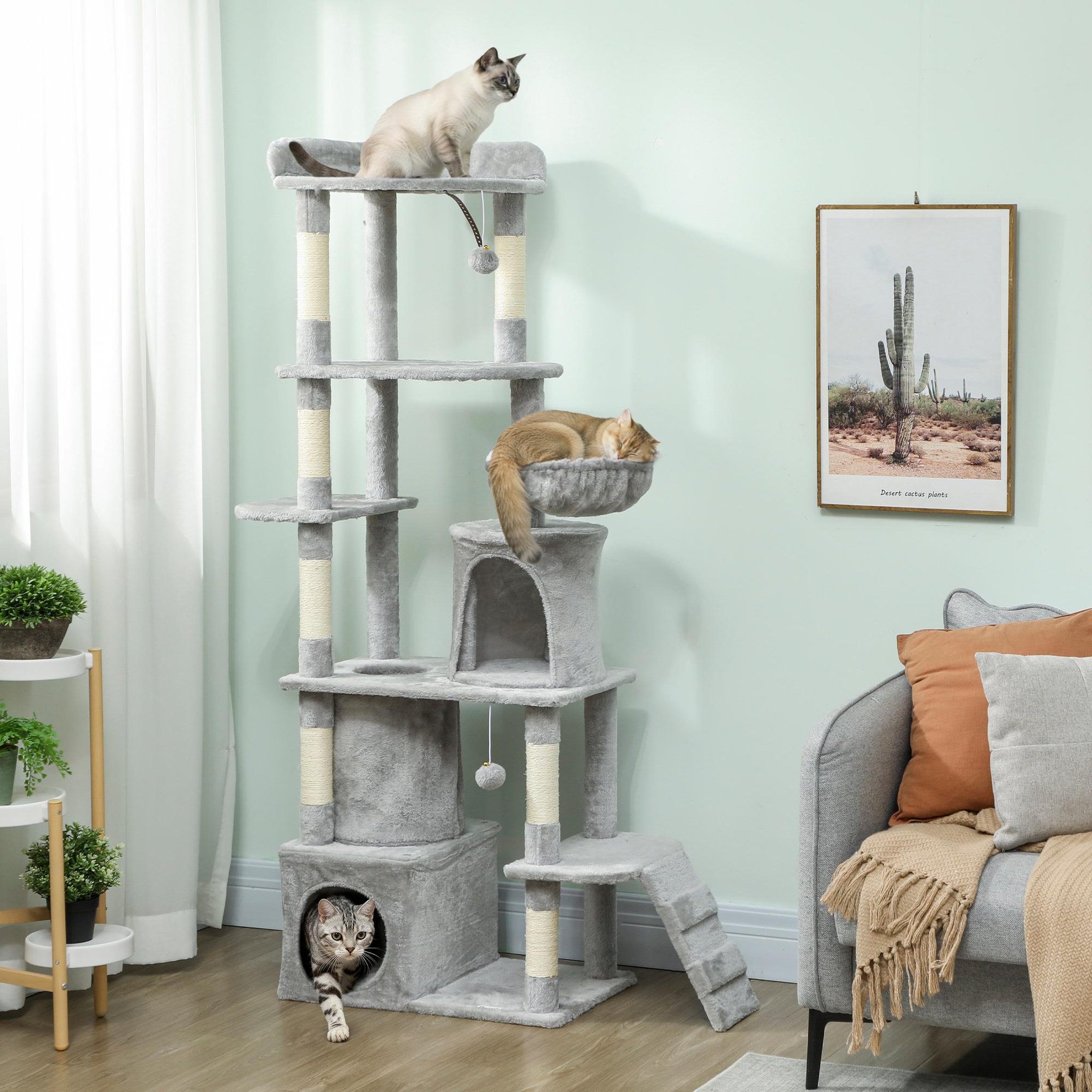 Voir la diapositive 2 : PAWHUT Arbre à chat design gris clair multi-activités - zones de repos, griffoirs - h.170 cm