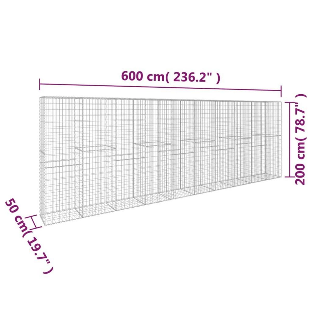 VIDAXL Mur en gabion avec couvercle Acier galvanise 600 x 50 x 200 cm