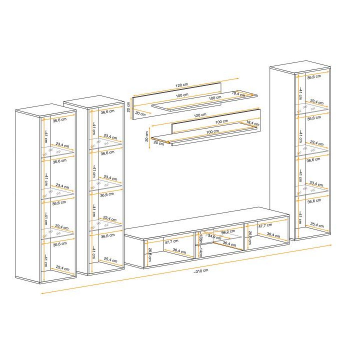 Paris Prix Meuble TV Mural Design  Fly XLIII  310cm Blanc & Noir