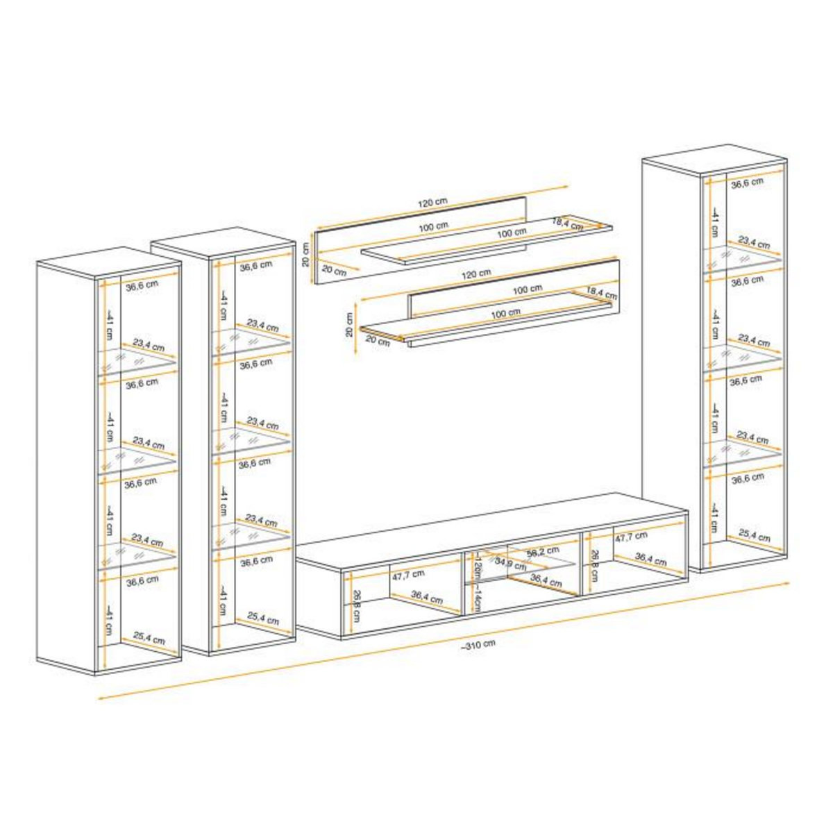 Paris Prix Meuble TV Mural Design  Fly XLIII  310cm Blanc & Noir