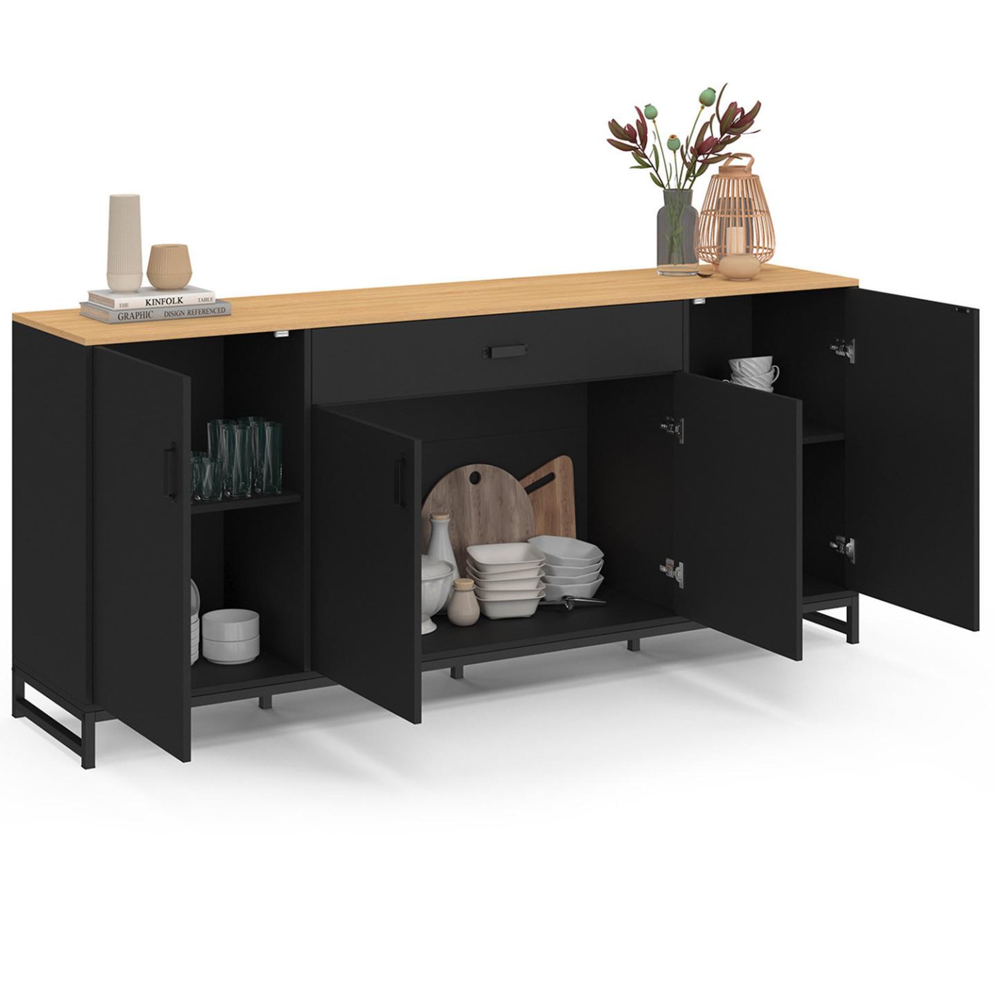 Voir la diapositive 4 : ID MARKET Buffet 180 cm washington xxl 4 portes et 1 tiroir bois et noir