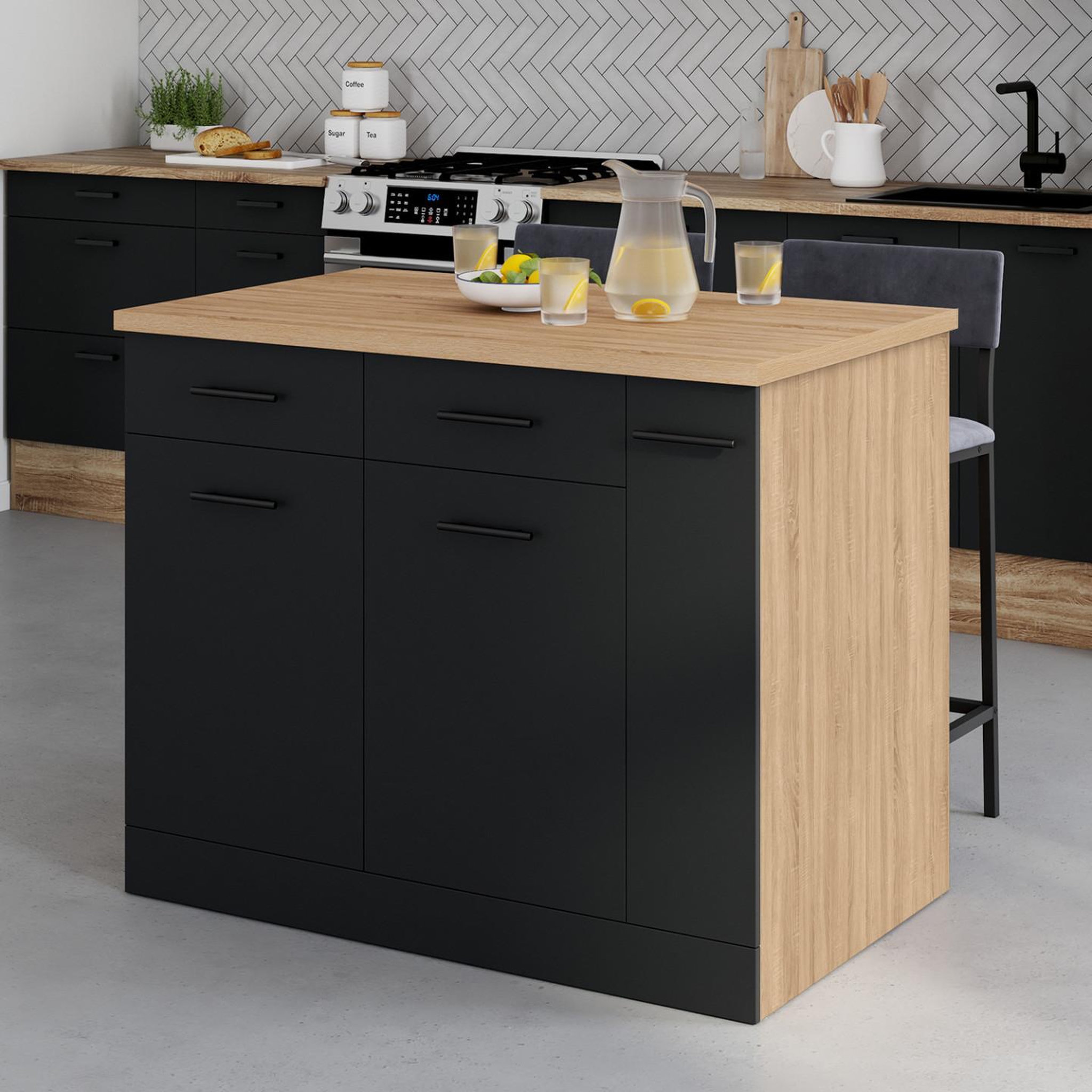 Voir la diapositive 5 : ID MARKET Ilot central alto portes avec rangements, tiroirs, rangement coulissant et plan de travail façon hêtre et noir