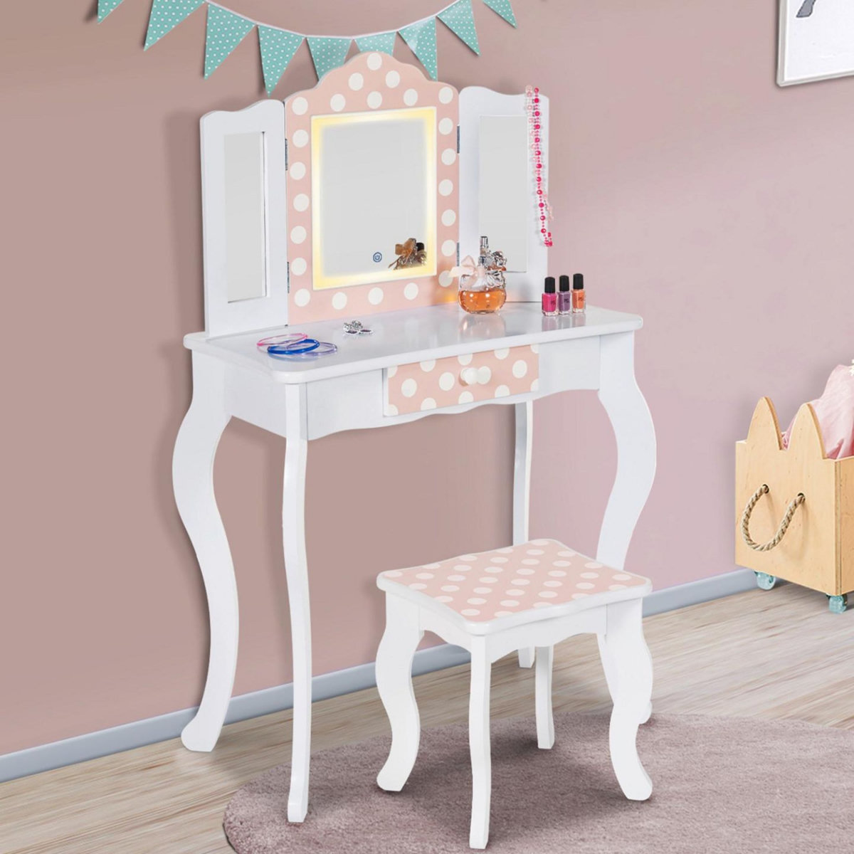 ID MARKET Coiffeuse enfant ROZA LED blanche et rose avec 3 miroirs et tabouret