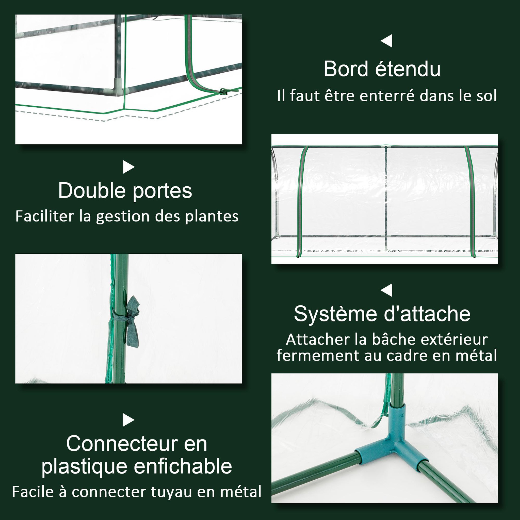 Voir la diapositive 5 : OUTSUNNY Serre de jardin tunnel serre à tomates dim. 2L x 1l x 0,8H m 2 portes zippées bâche PVC transparent acier époxy vert