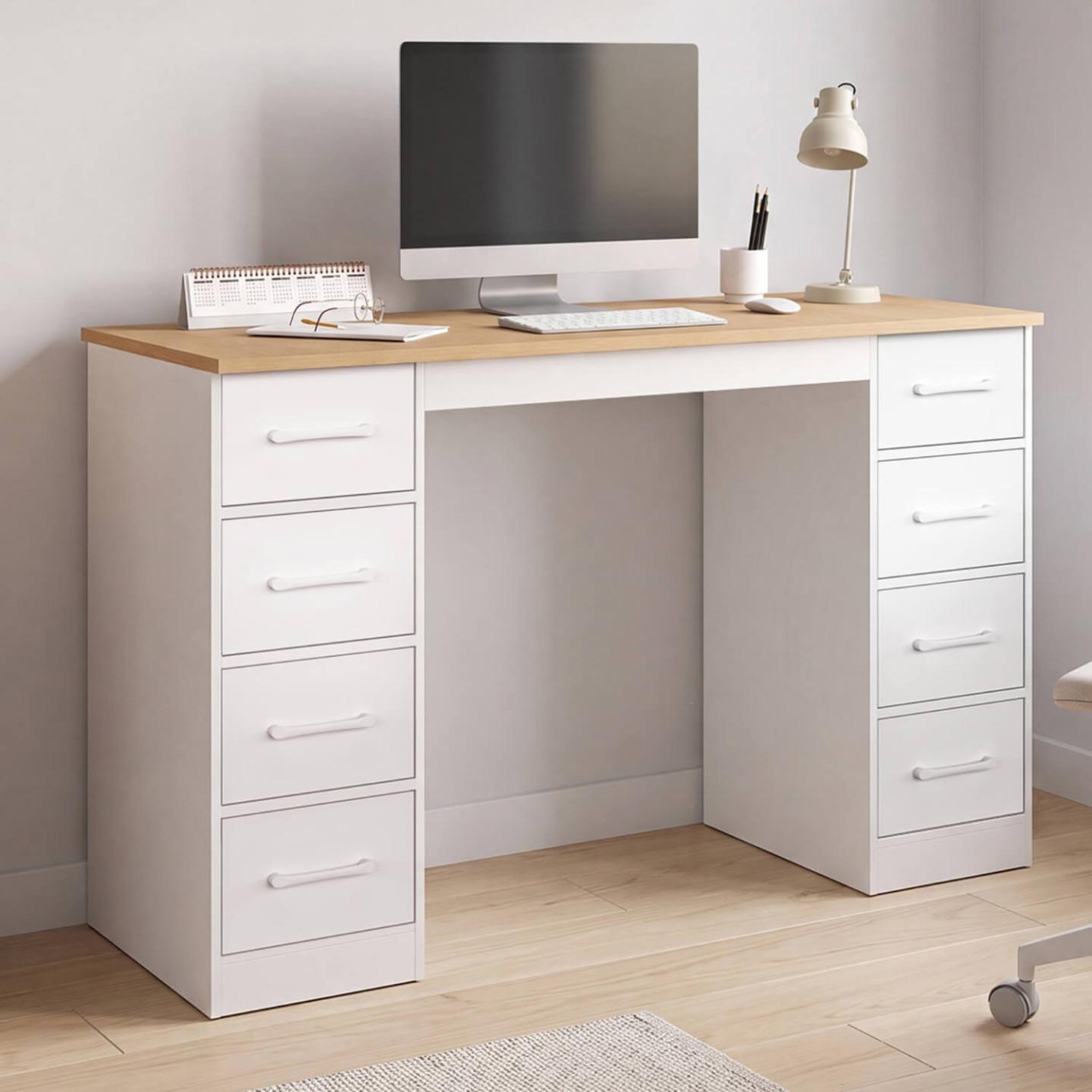 Voir la diapositive 2 : ID MARKET Bureau avec 8 tiroirs en tissu 120x45 cm uppah blanc et bois