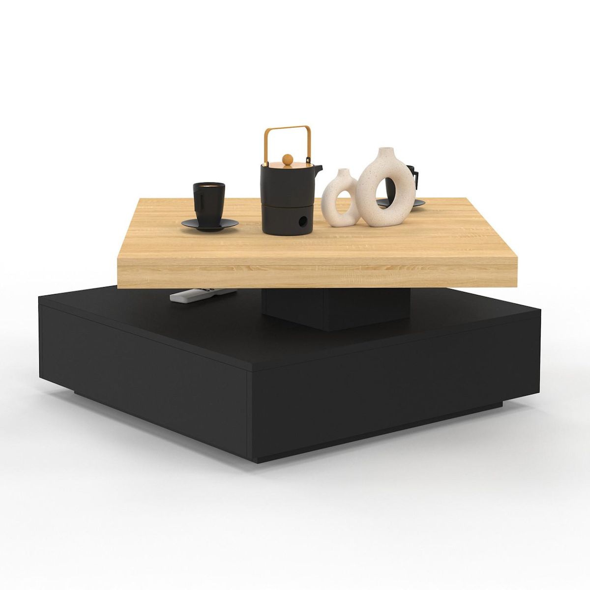 ID MARKET Table basse carré pivotante THEA 70 cm bois et noir