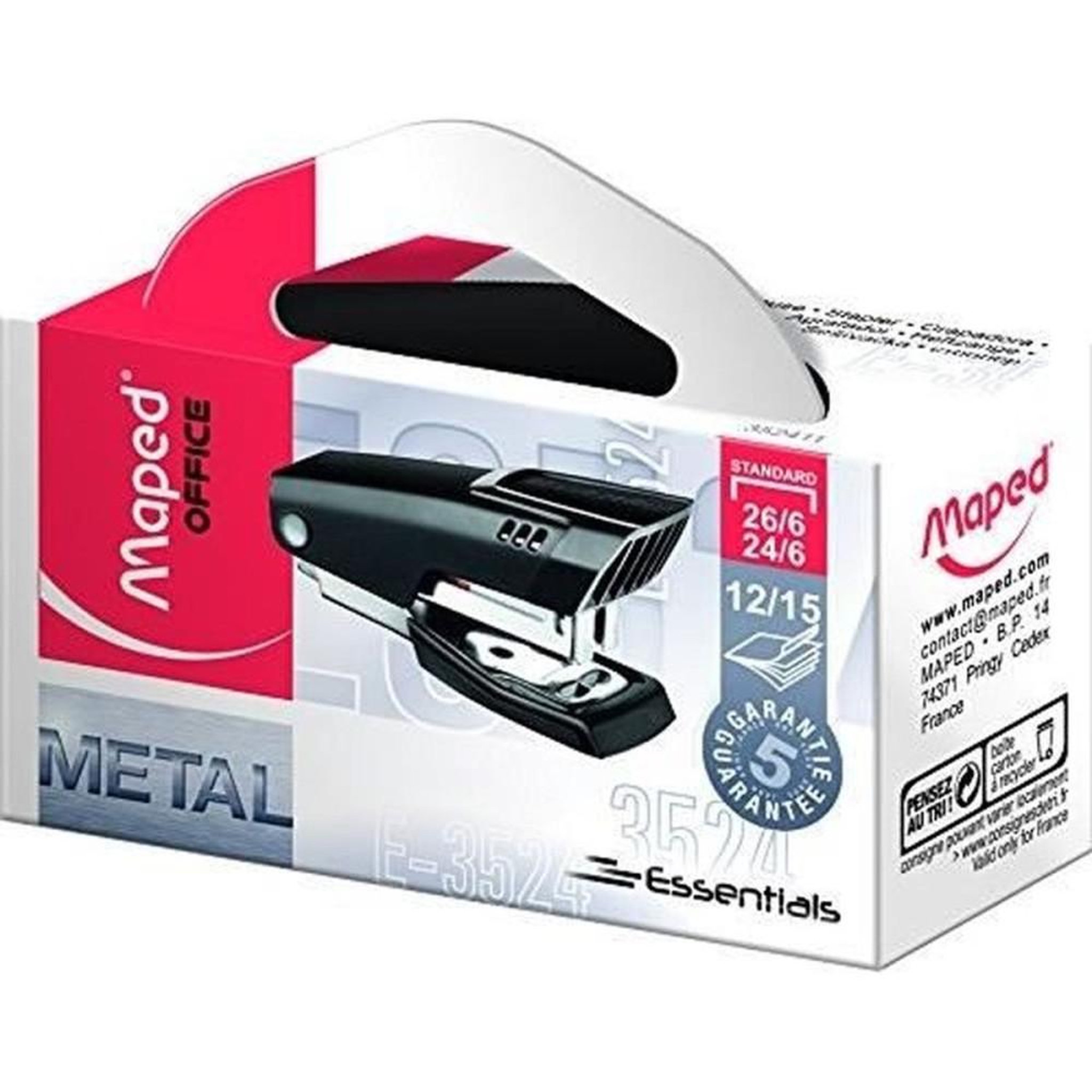 MAPED Agrafeuse mini métal rouge/noir/gris pour agrafes 24/6 et 26/6, retrait d'agrafes intégré, capacité 12 feuilles, ouverture 180°