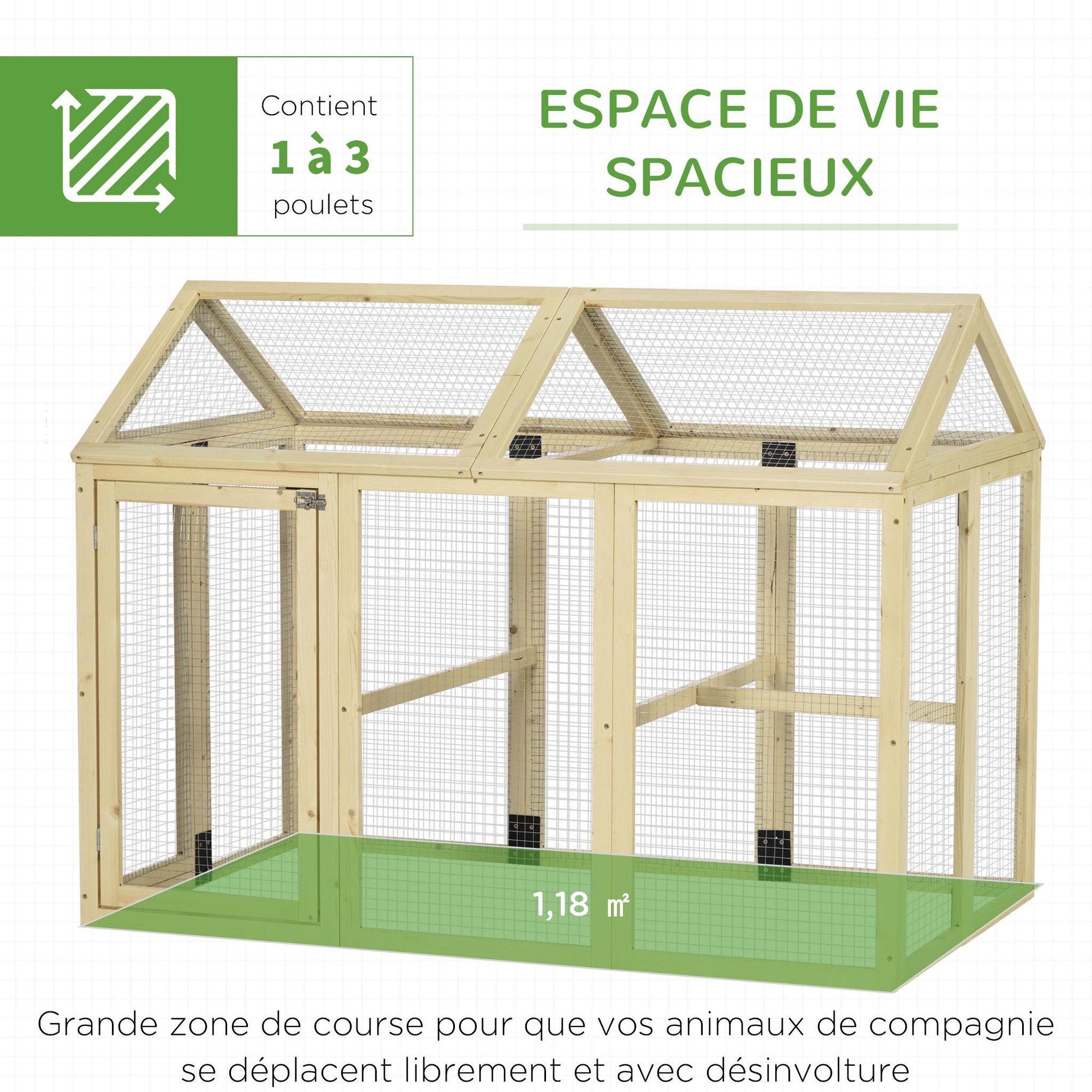 Voir la diapositive 4 : PAWHUT Enclos poulailler chenil 1,23 m² - parc grillagé dim 140L x 88,5l x 106H cm - 2 portes verrouillables - bois sapin