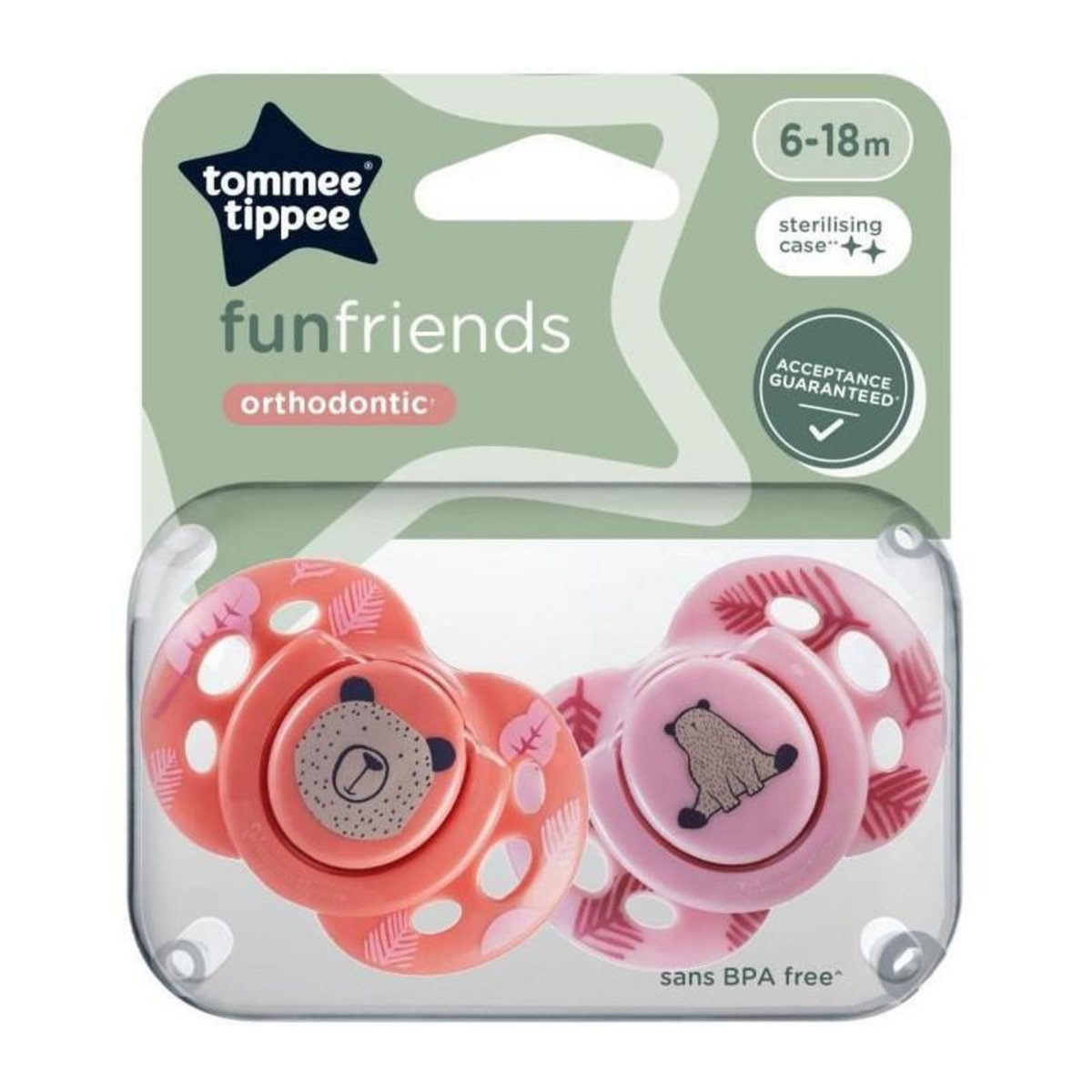 TOMMEE TIPPEE Sucette - TOMMEE TIPPEE - FUN - 6-18 mois - Lot de 2 sucettes symétriques sans BPA - Capsule de stérilisation réutilisable
