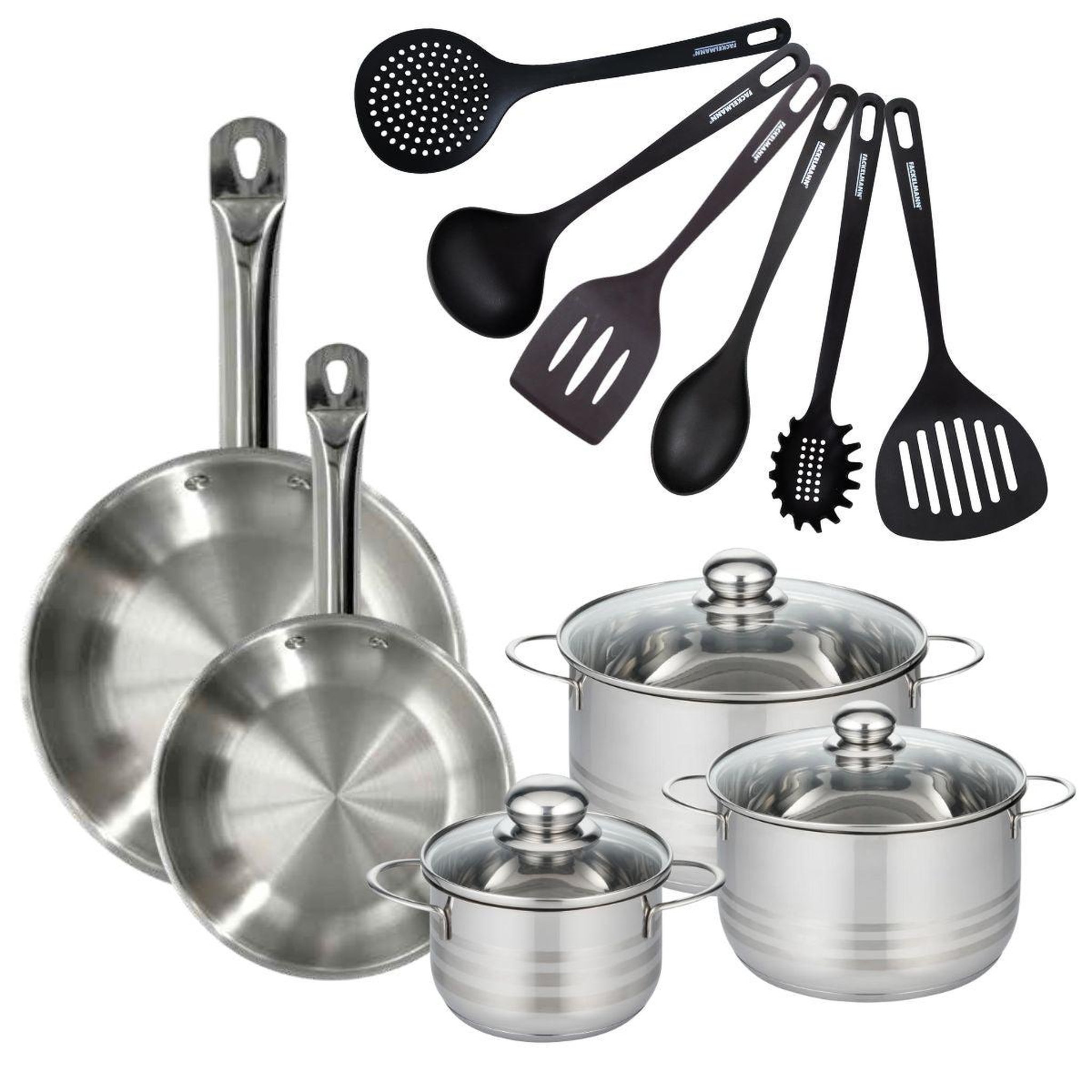 Fackelmann Batterie de cuisine 2 poêles 24/28 cm, 3 faitouts 20/24/16 cm et 6 ustensiles de cuisine fackelmann eterna