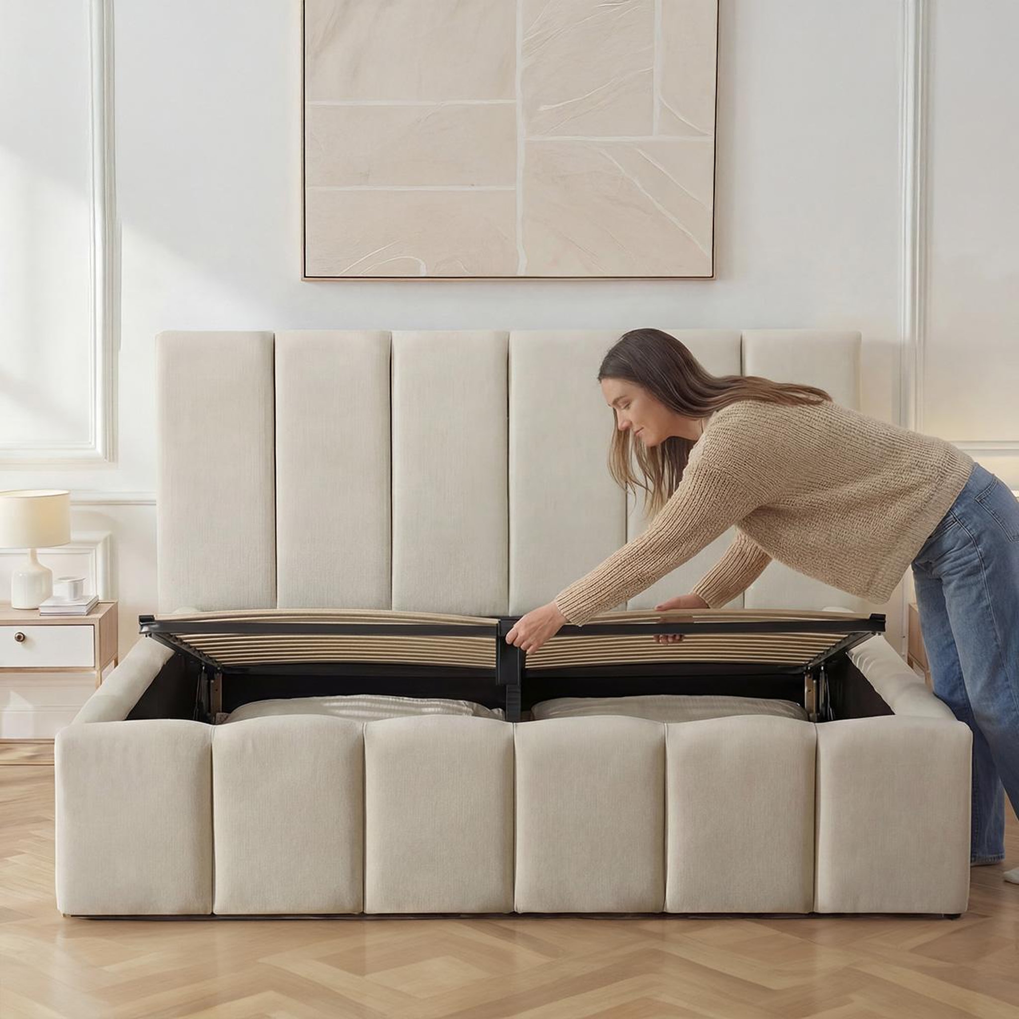 Voir la diapositive 2 : BELLECOUR Bellecour literie | lit coffre beige madeleine 2 places