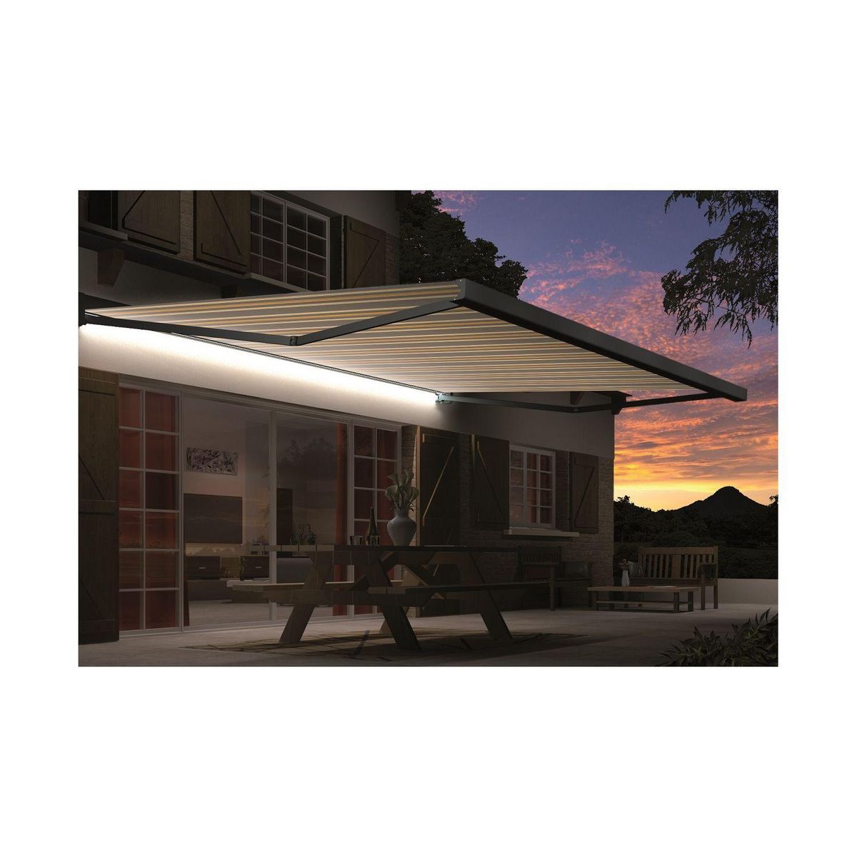 SUNSTYL Store motorisé avec Led NINA rayé Coffre intégral gris 