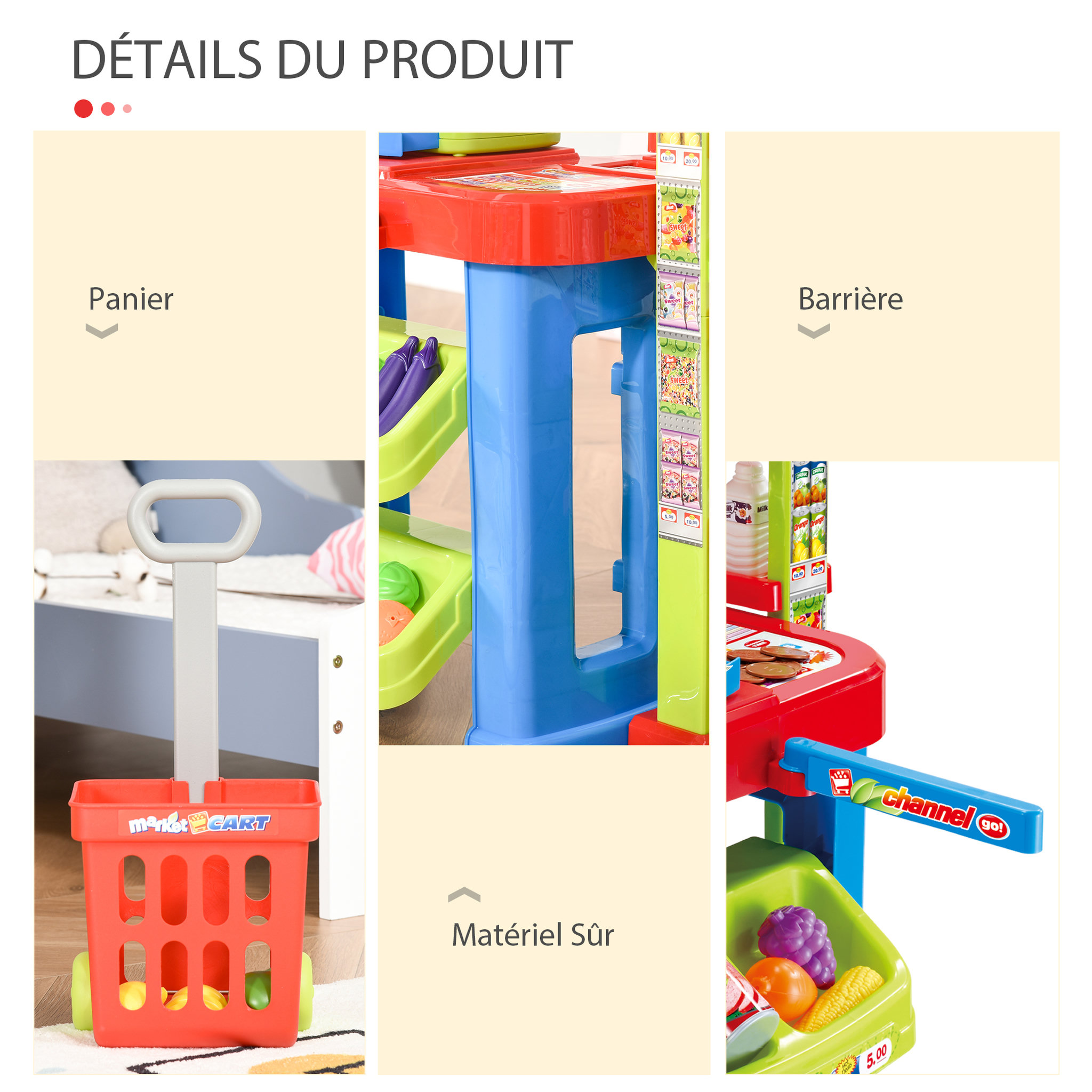 Voir la diapositive 5 : HOMCOM Jeu d'imitation commerçant jeu de la marchande caddie + caisse enregistreuse et 45 accessoires inclus effets lumineux sonores
