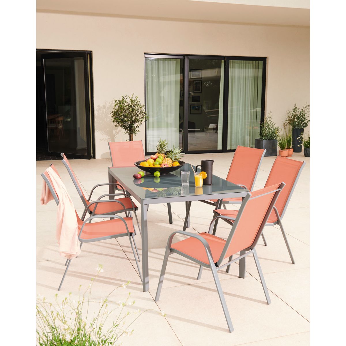 GARDENSTAR Salon de jardin 6 personnes en acier noir et rouge