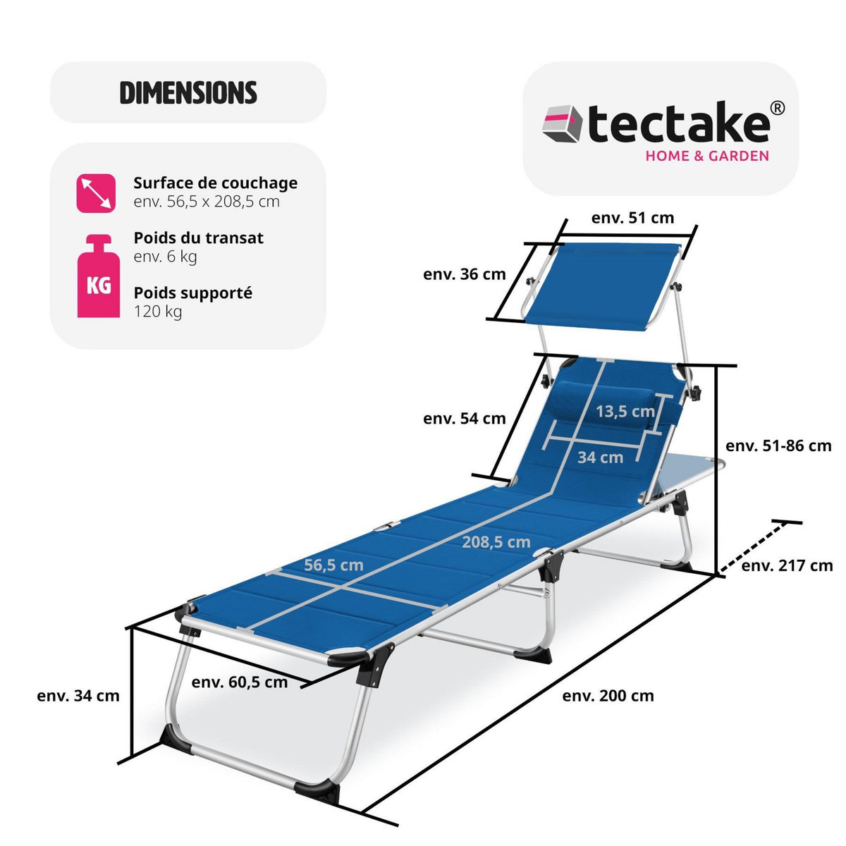 tectake Bain de soleil Transat Chaise longue Rembourrage épais, Pliable