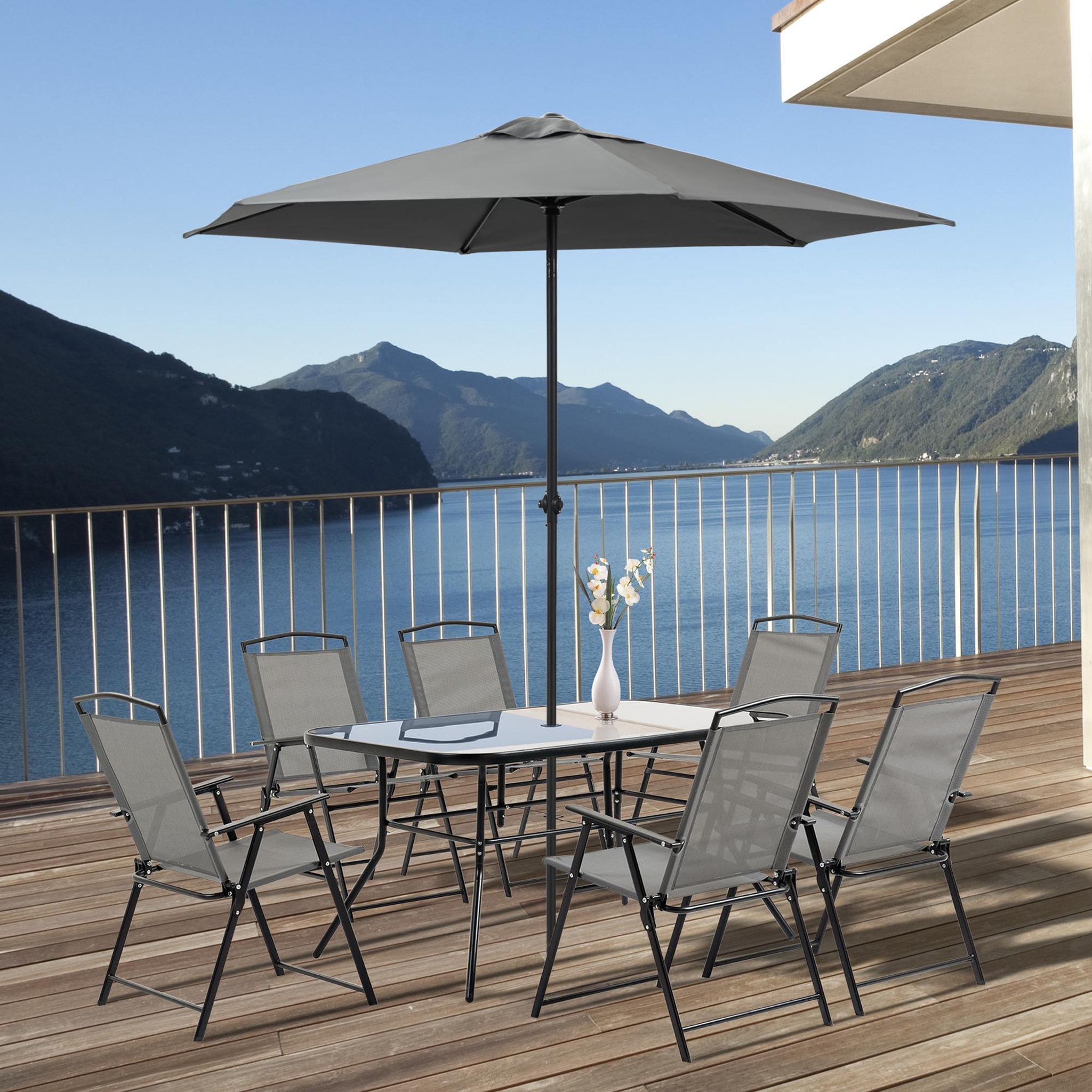 Voir la diapositive 2 : OUTSUNNY Ensemble salon de jardin 6 places 8 pièces - parasol, table, 6 chaises pliantes - métal époxy textilène polyester gris