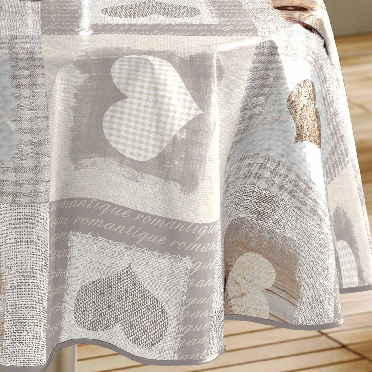 Paris Prix Nappe Ronde Toile Cirée  Cosy Coeur  160cm Gris