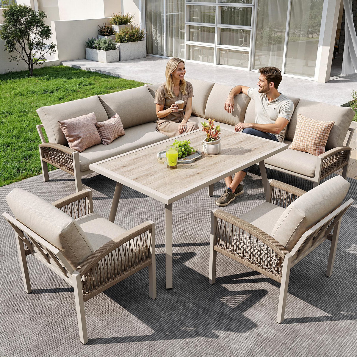 MERAX Salon de jardin angle 8 places en fer avec table verre effet bois, 2 fauteuils rotin, coussins, beige